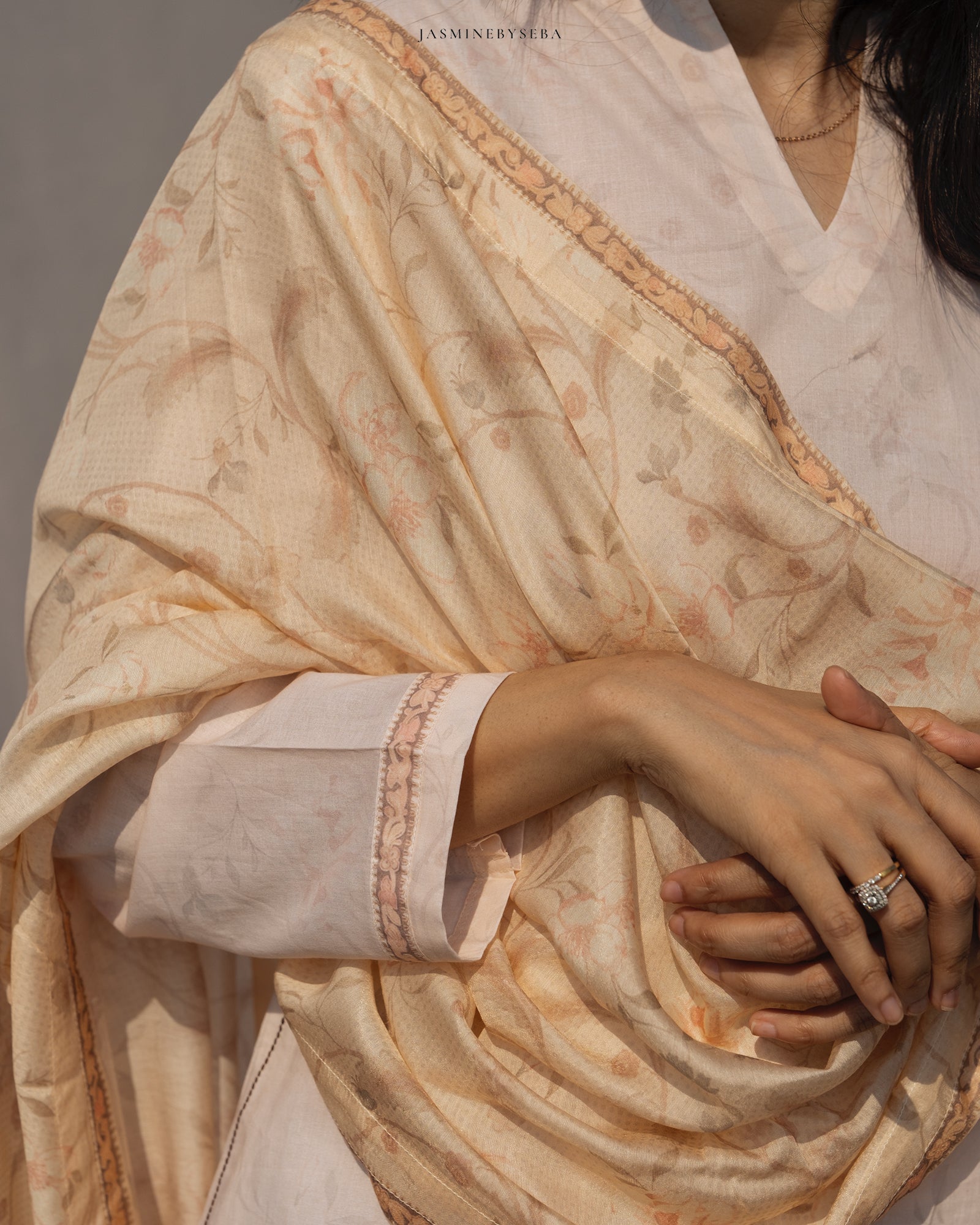 Jasmine in-house printed straight cut set in cotton lawn with modal silk dupatta
