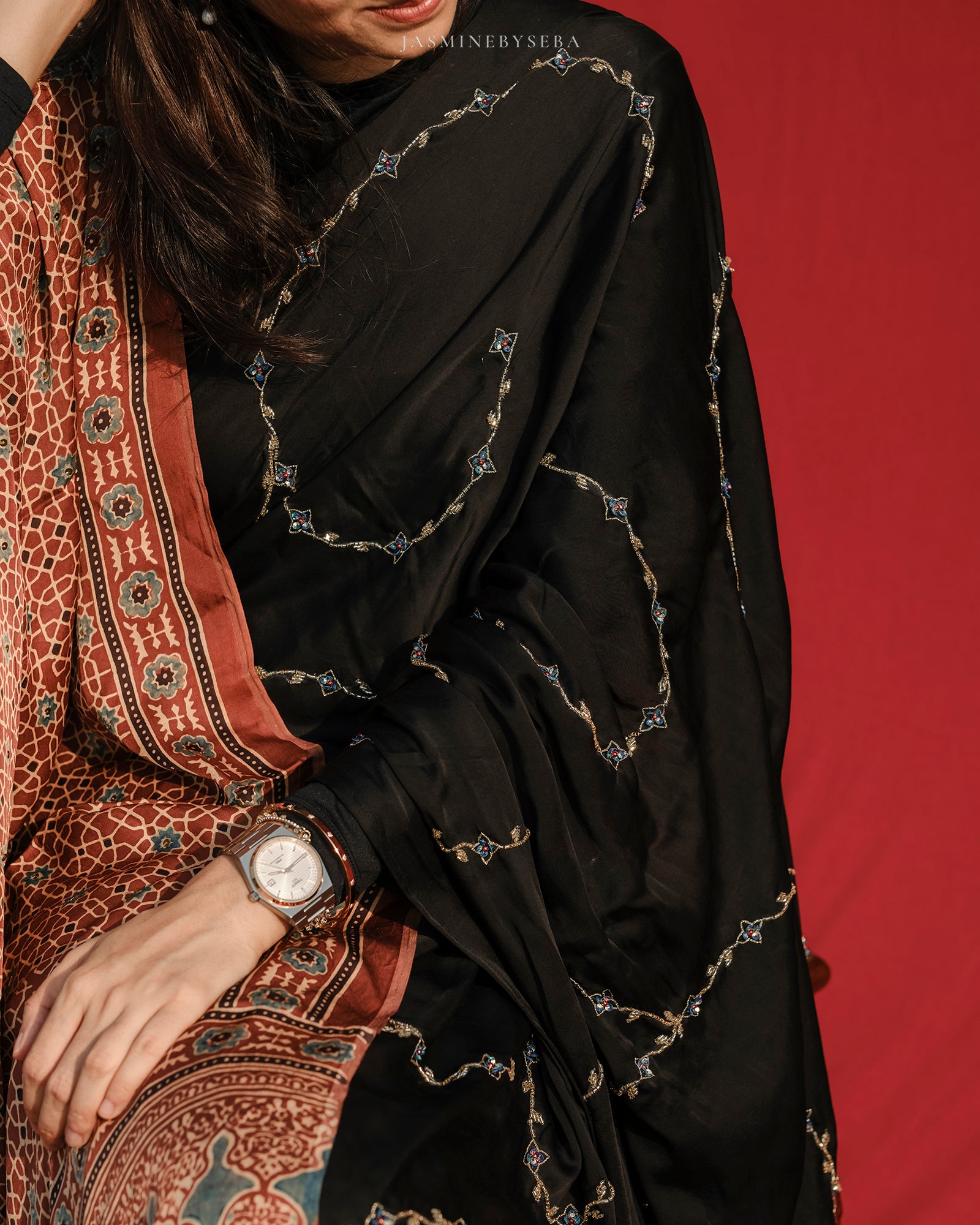 Ajrakh modal silk handworked saree with modal silk handworked dupatta