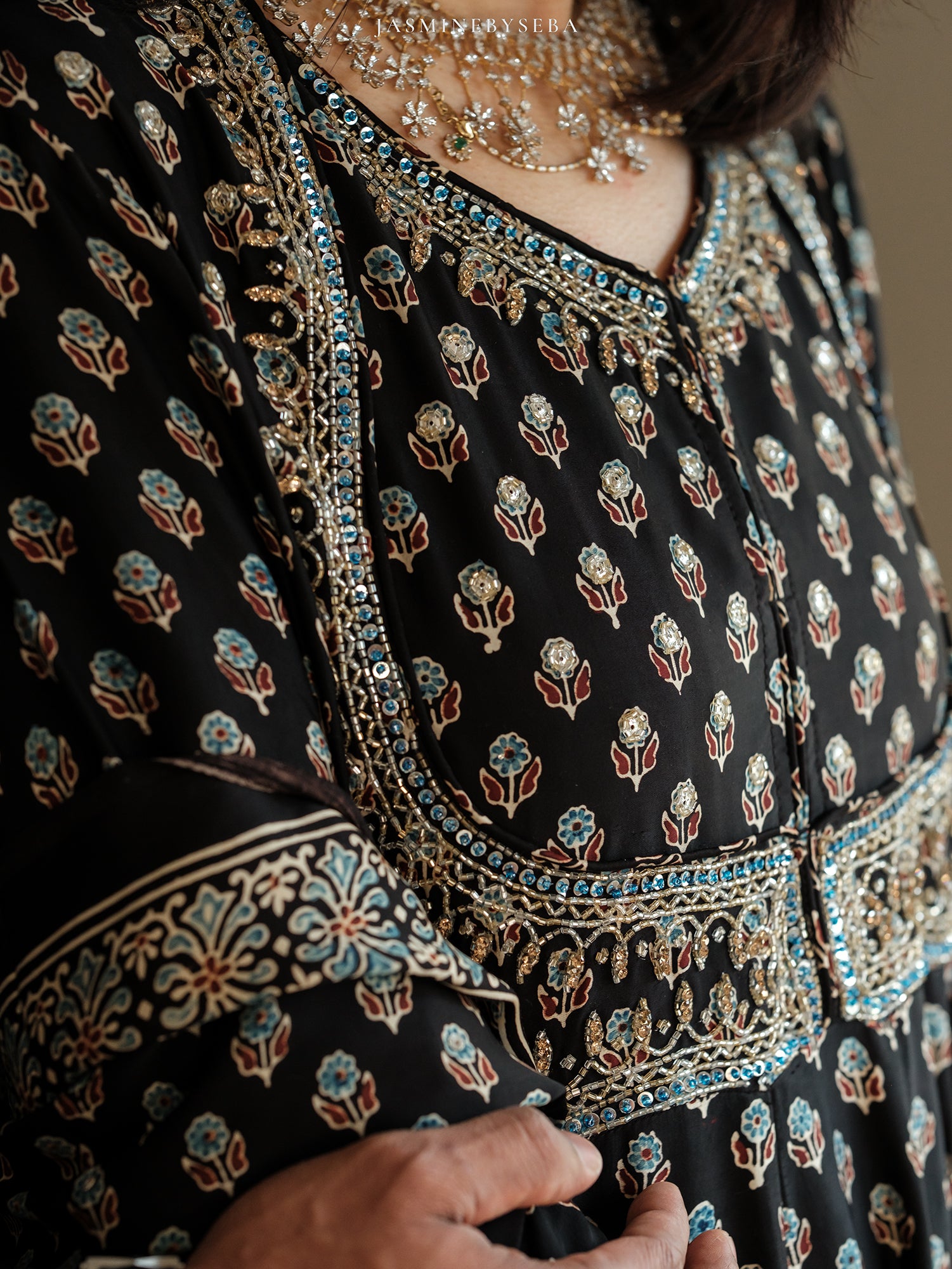 Custom made Ajrakh hand dyed hand block printed modal silk anarakali set with hand embroidry