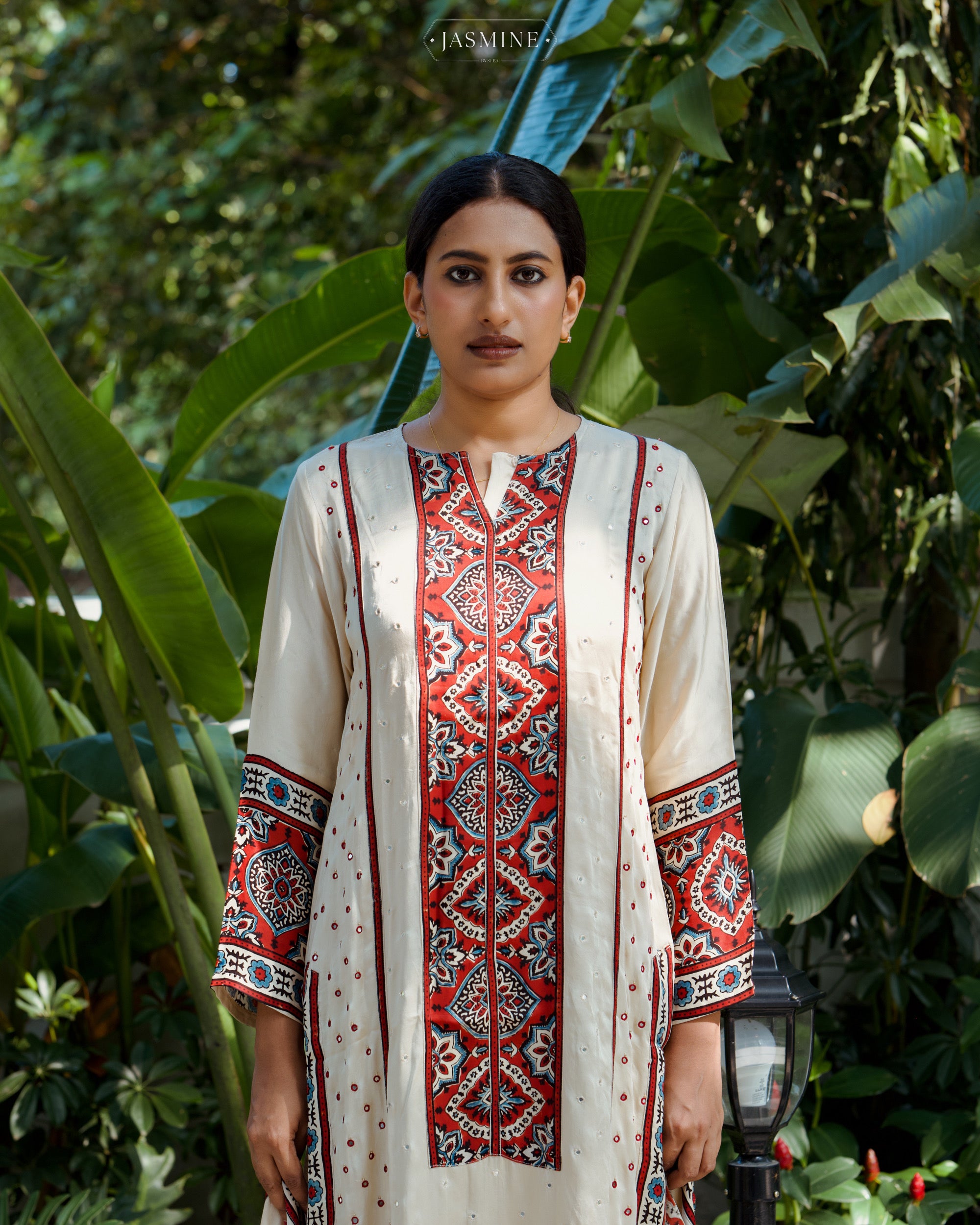 Ajrakh hand block printed modal silk straight cut salwar set with mirror work