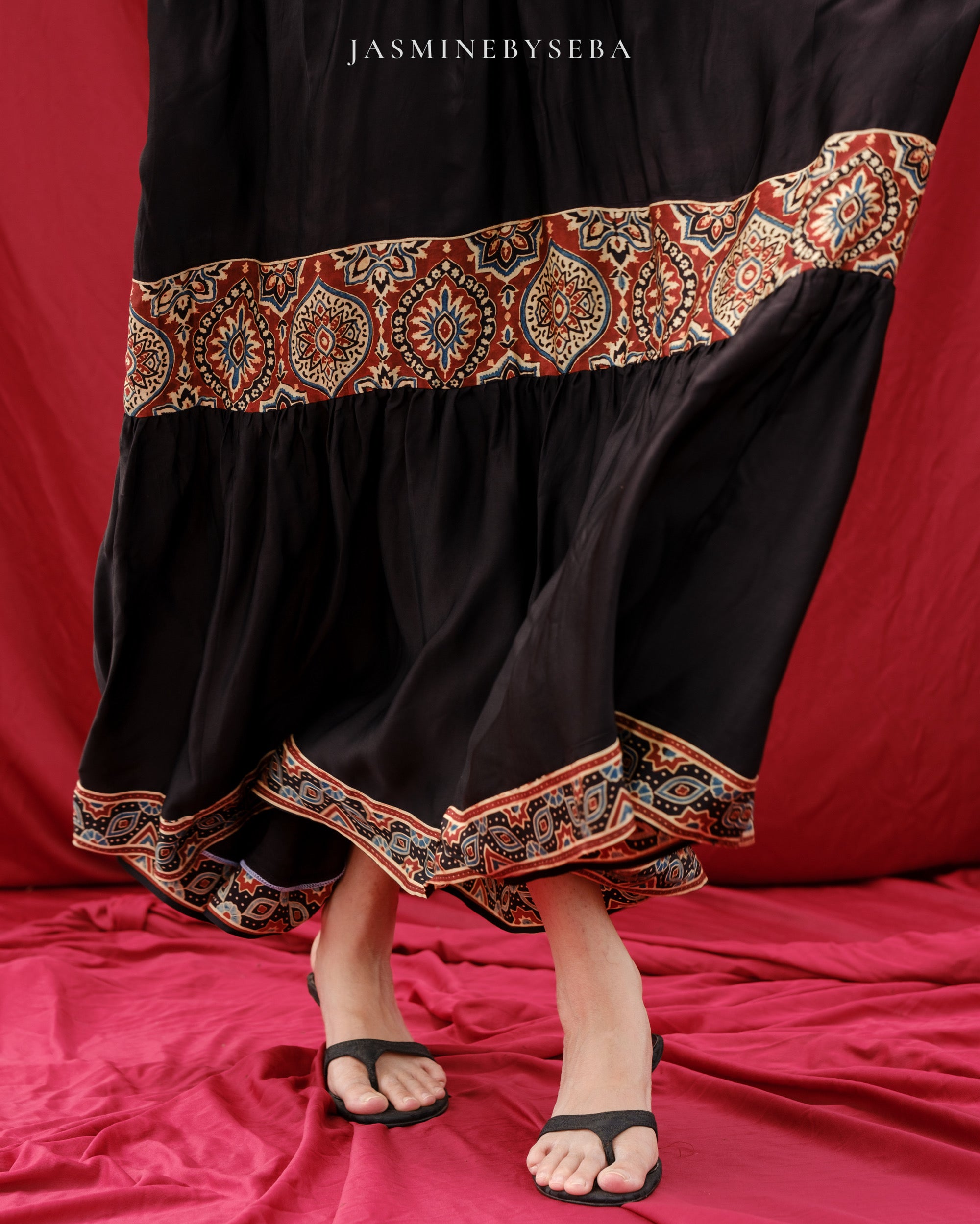 Ajrakh hand dyed hand block printed modal silk maxi dress
