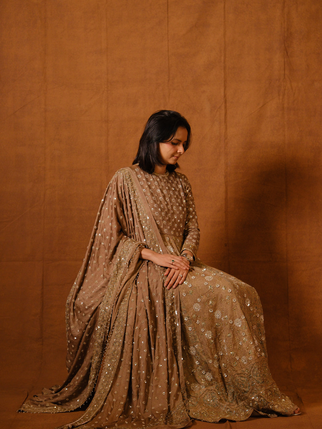 Custom made Ajrakh handcrafted handloom Tusshar silk bridal anarkali set with pure handloom gajji silk dupatta detailed out with hand embroidry