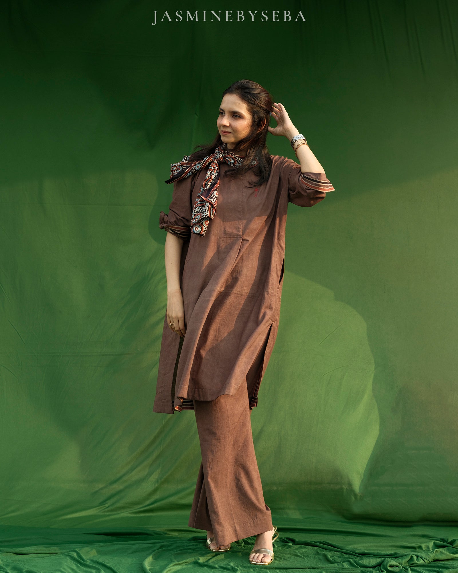 AJRAKH hand dyed hand block printed pure modal silk long scarf