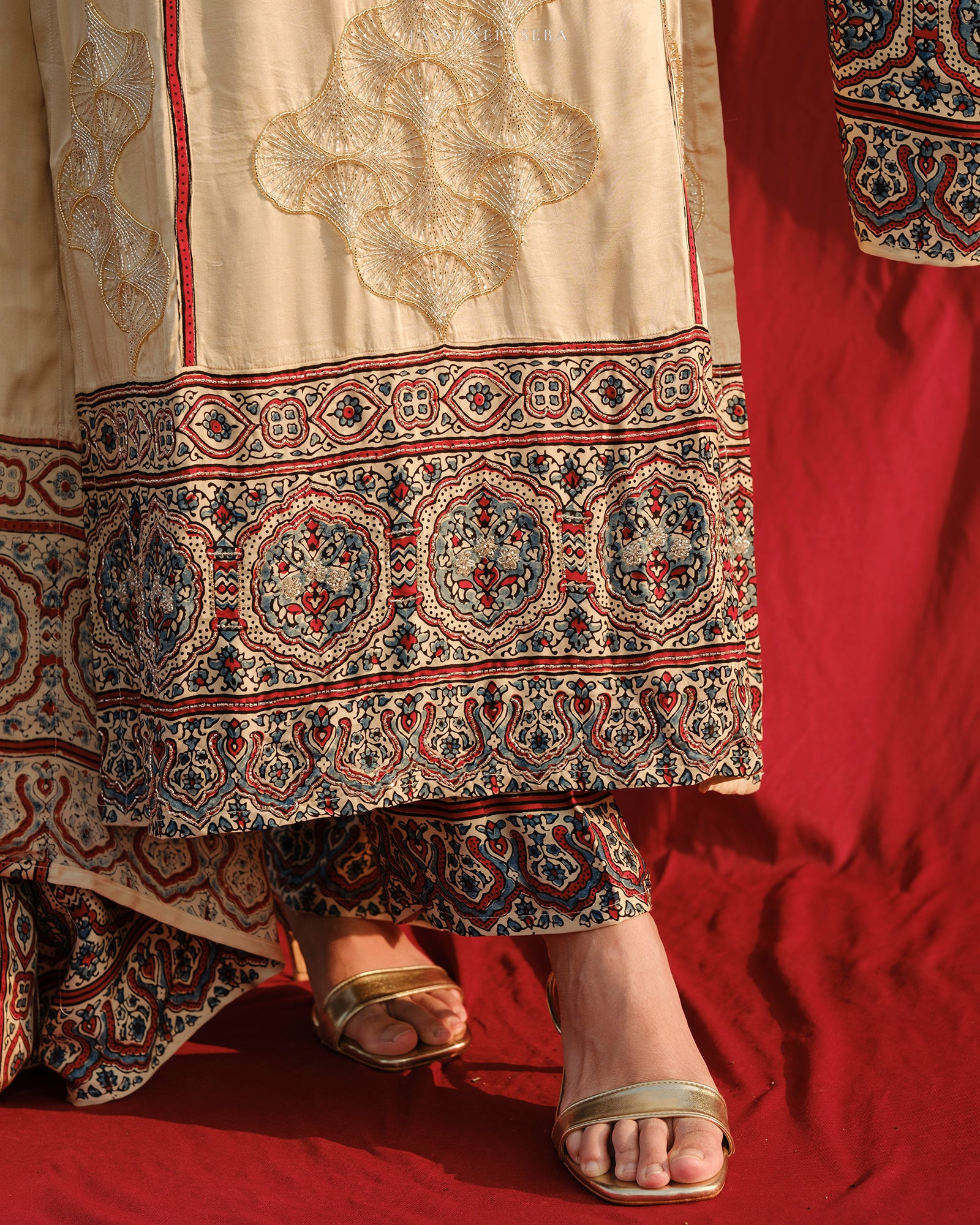 Ajrakh hand block printed modal silk straight cut salwar set with cutbead handwork