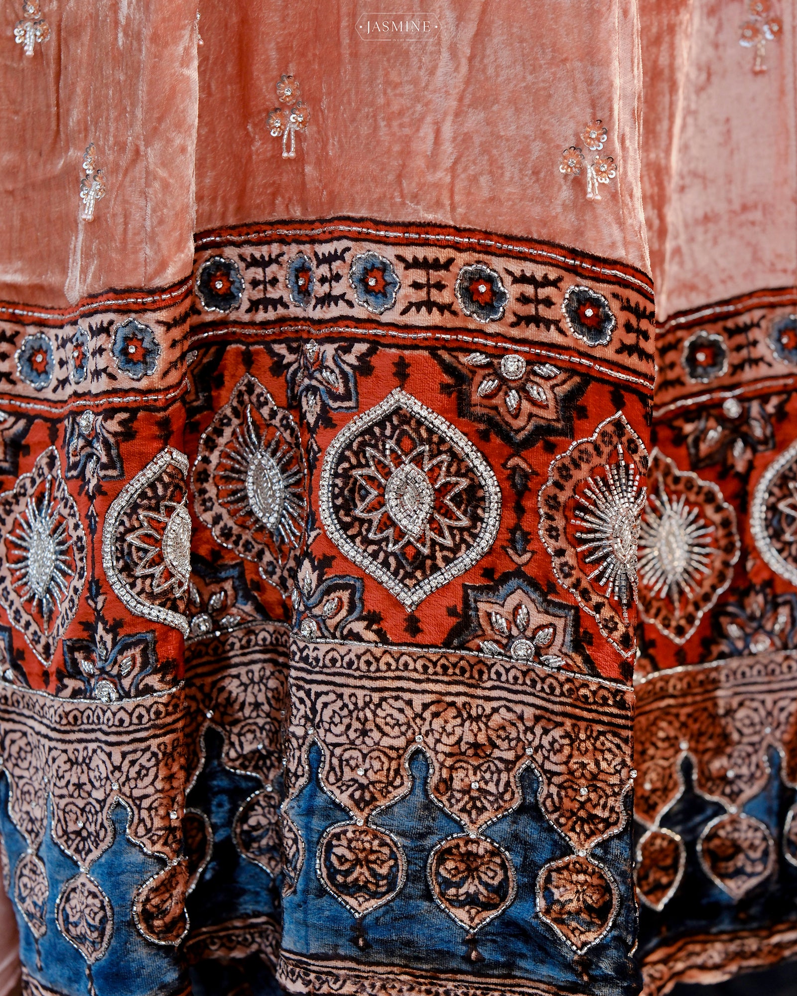 Ajrakh hand block printed velvet silk panel line salwar set with cutbead handwork