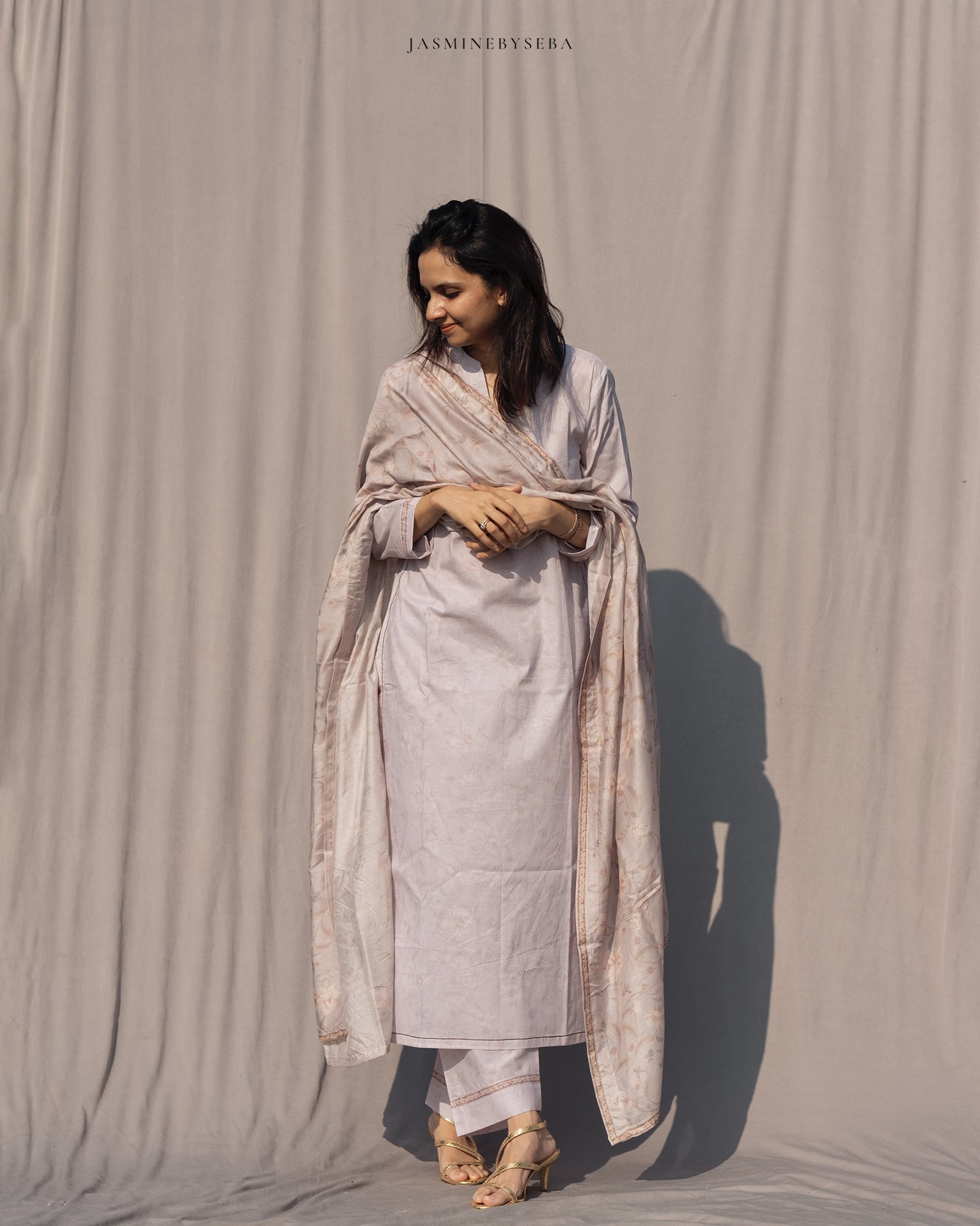Jasmine in-house printed straight cut set in cotton lawn with modal silk dupatta