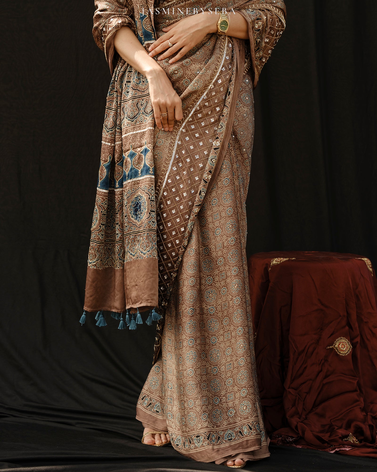 Ajrakh pure modal silk hand dyed, hand block printed and handworked saree