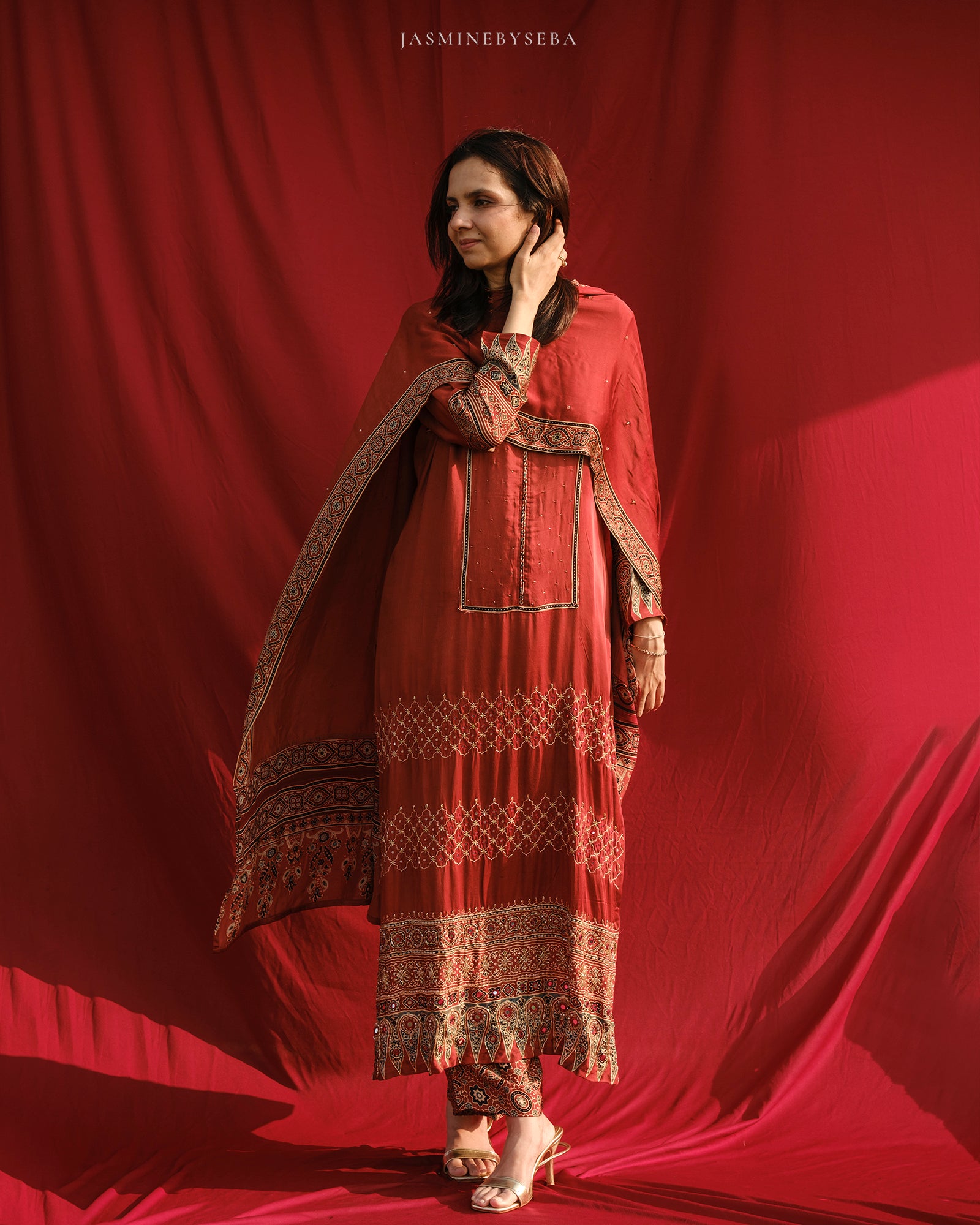 Ajrakh hand block printed modal silk straight cut salwar set with cutbead handwork