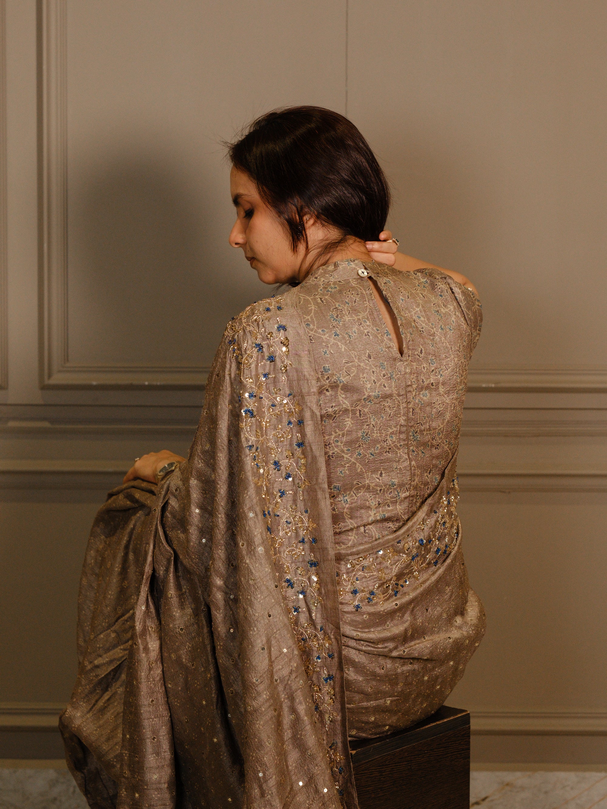 Ajrakh pure handloom tussar silk hand dyed, hand block printed and handembroideredsaree