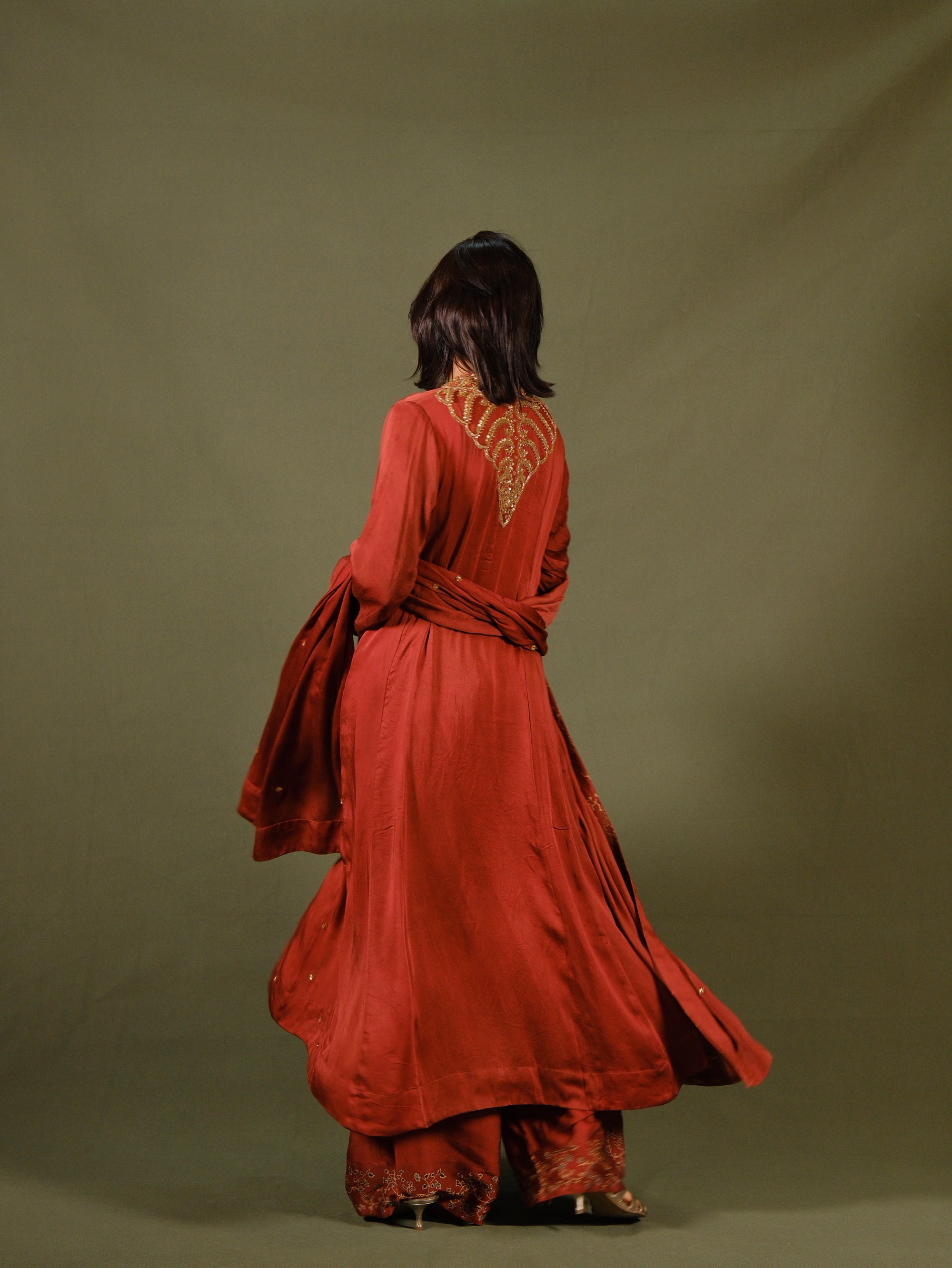 Ajrakh hand dyed hand block printed modal silk panel cut salwar set with cut bead handwork