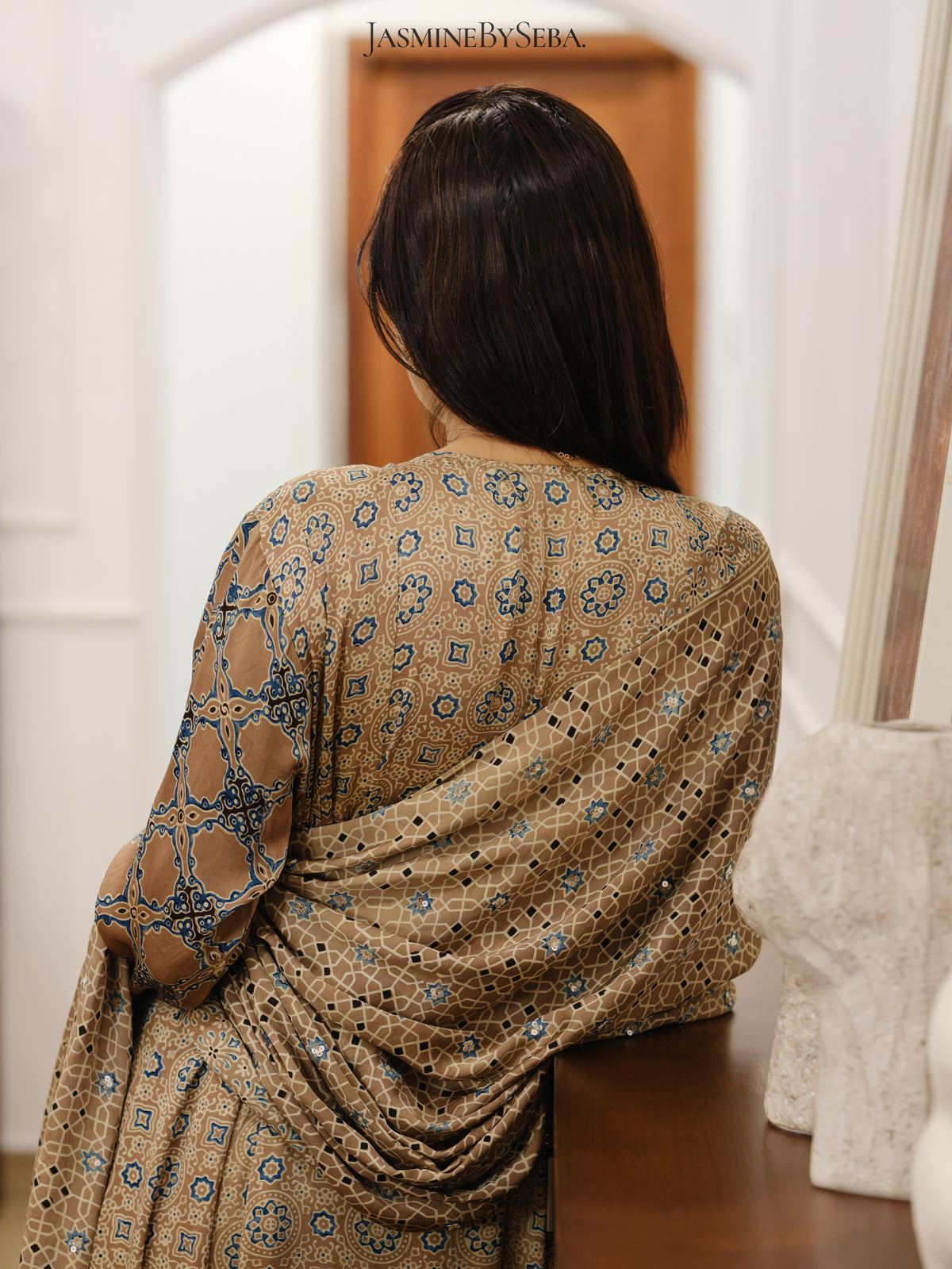 Ajrakh hand dyed hand block printed modal silk panel cut salwar set with cut bead handwork