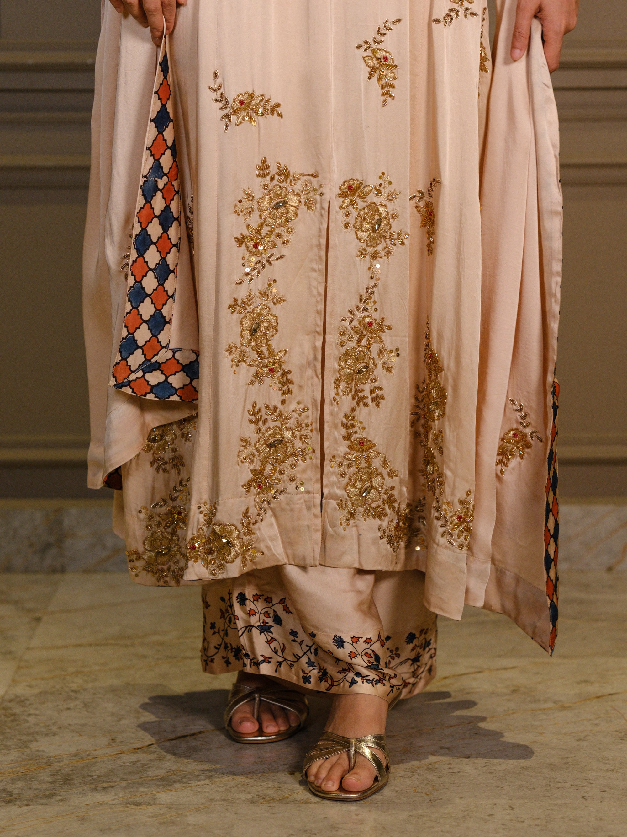 Ajrakh hand dyed hand block printed modal silk panel cut salwar set with cut bead handwork