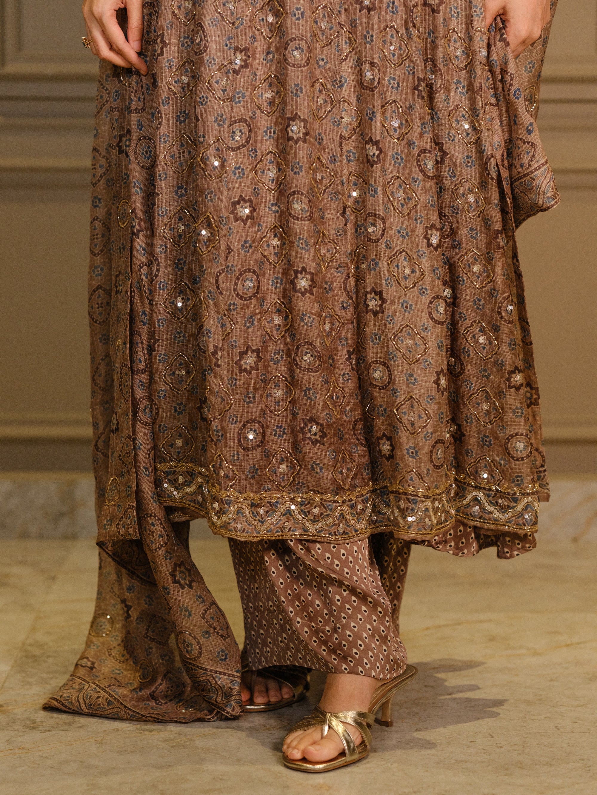 Ajrakh hand dyed hand block printed kota silk jacket set with cut bead handwork