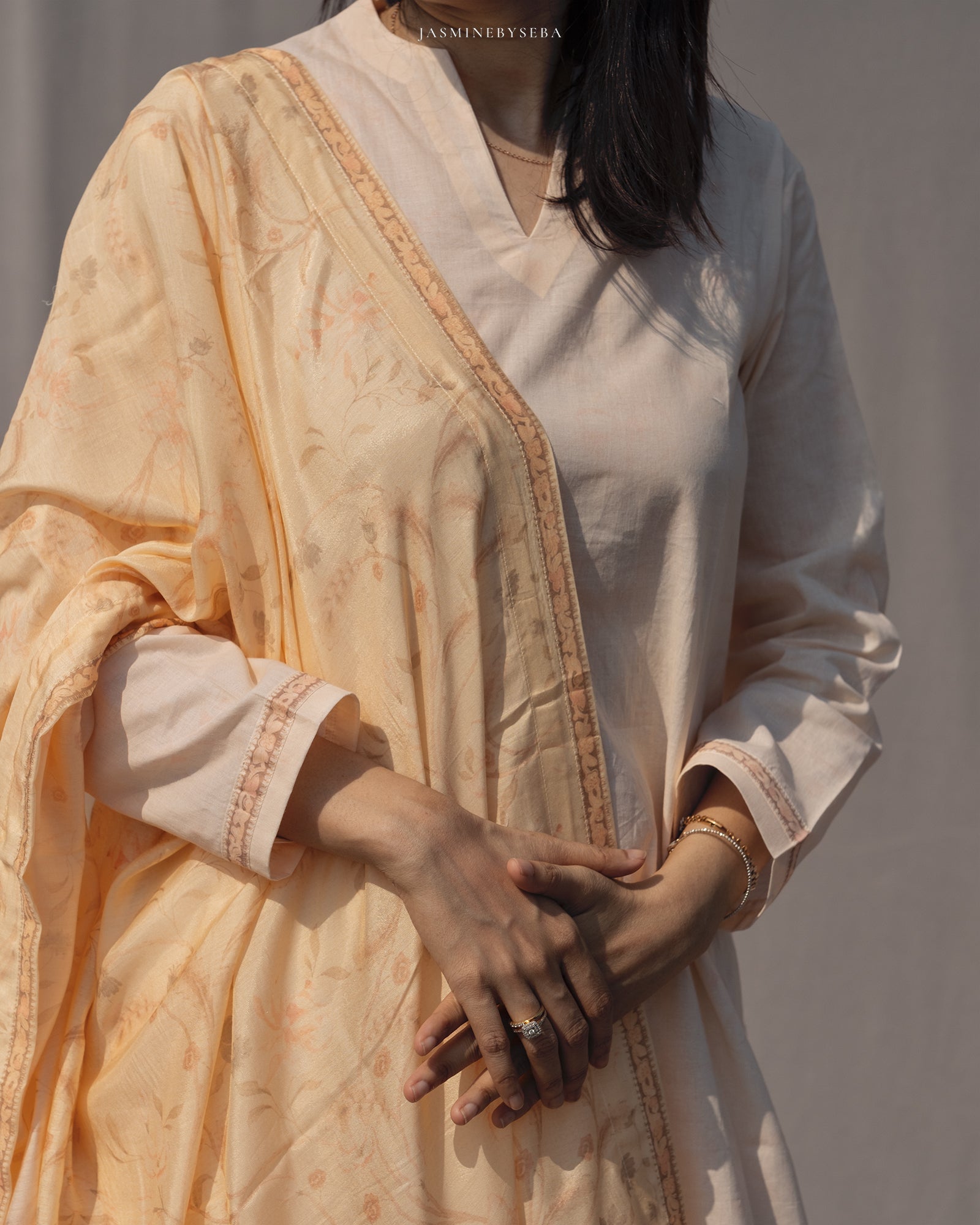 Jasmine in-house printed straight cut set in cotton lawn with modal silk dupatta