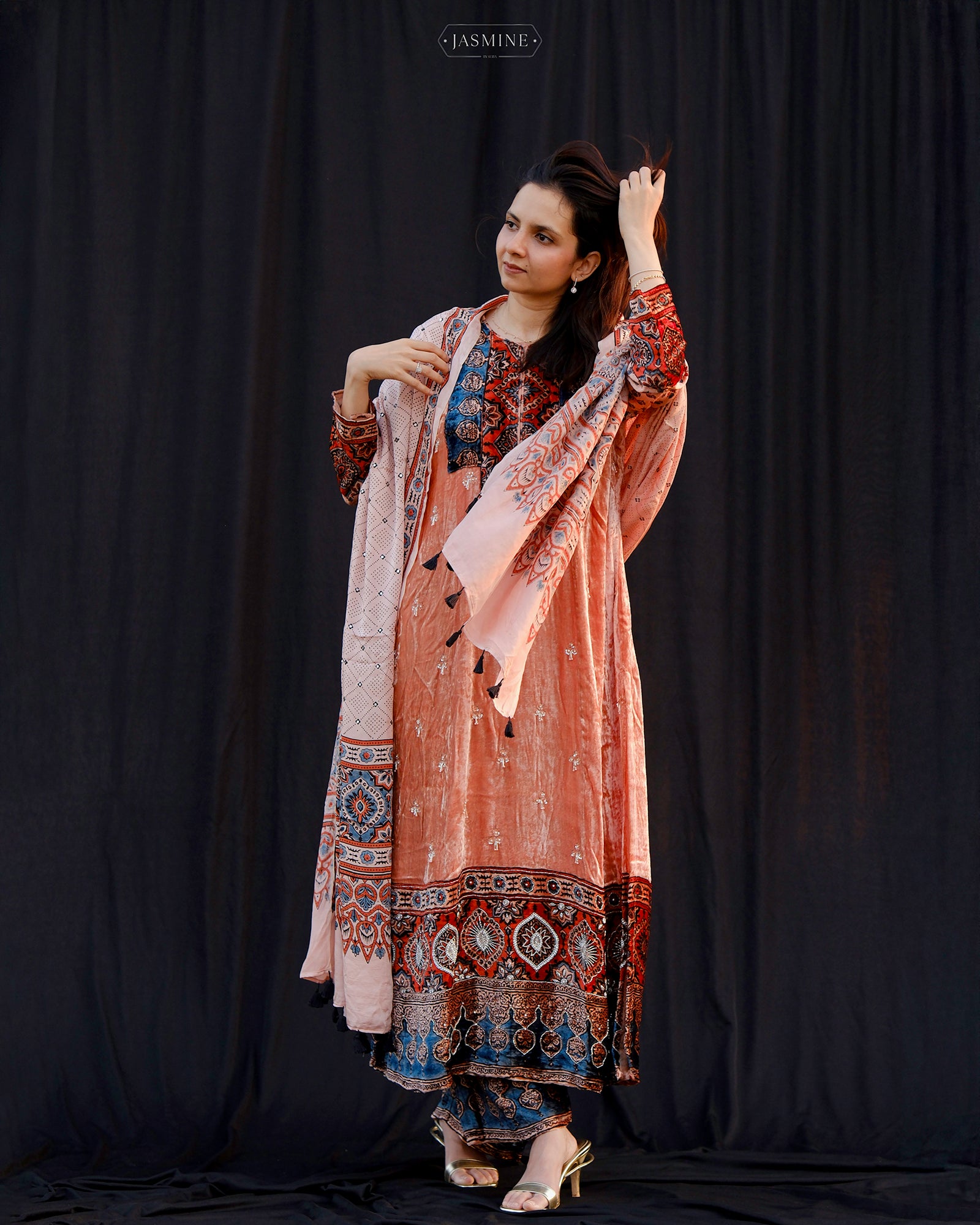 Ajrakh hand block printed velvet silk panel line salwar set with cutbead handwork