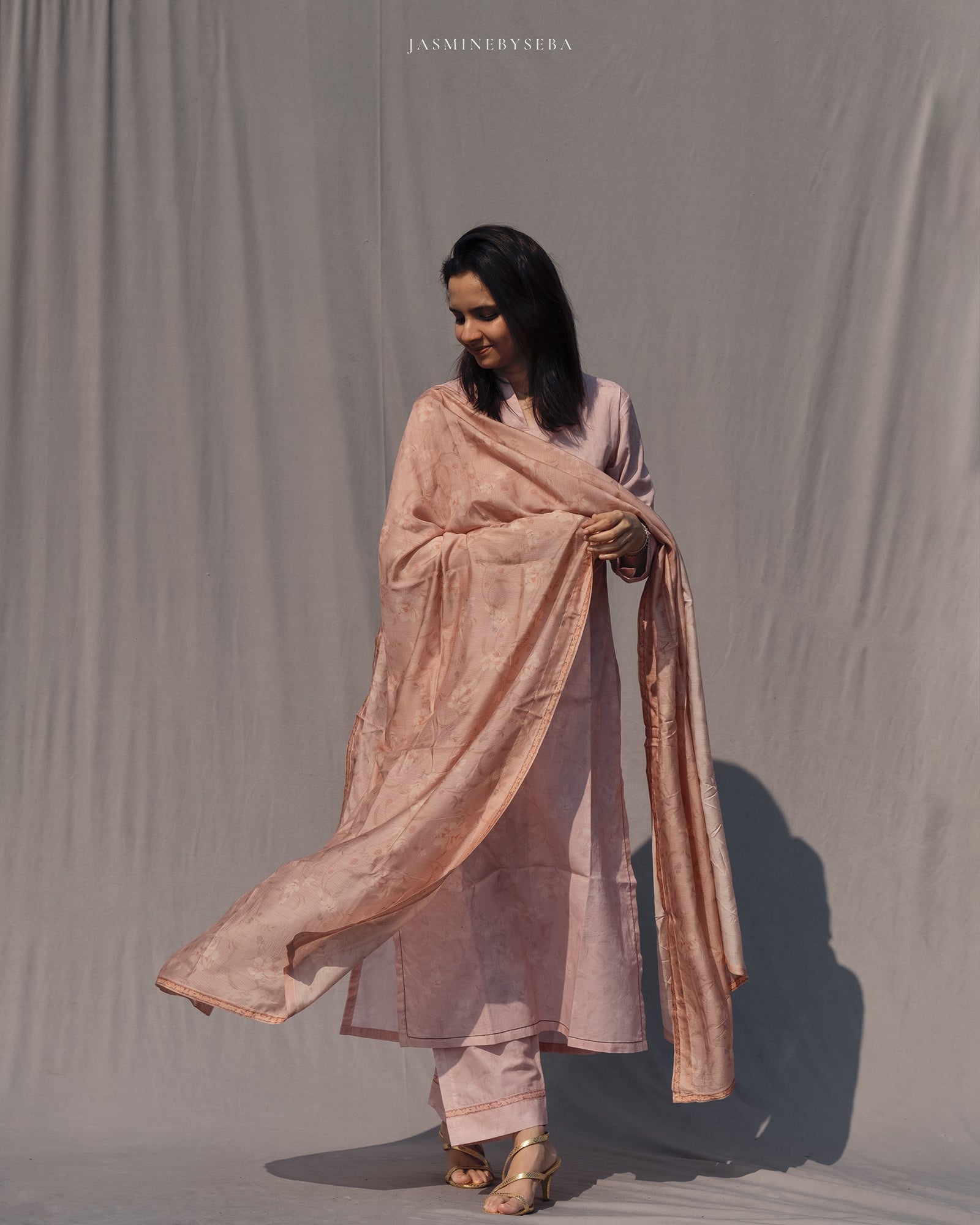 Jasmine in-house printed straight cut set in cotton lawn with modal silk dupatta