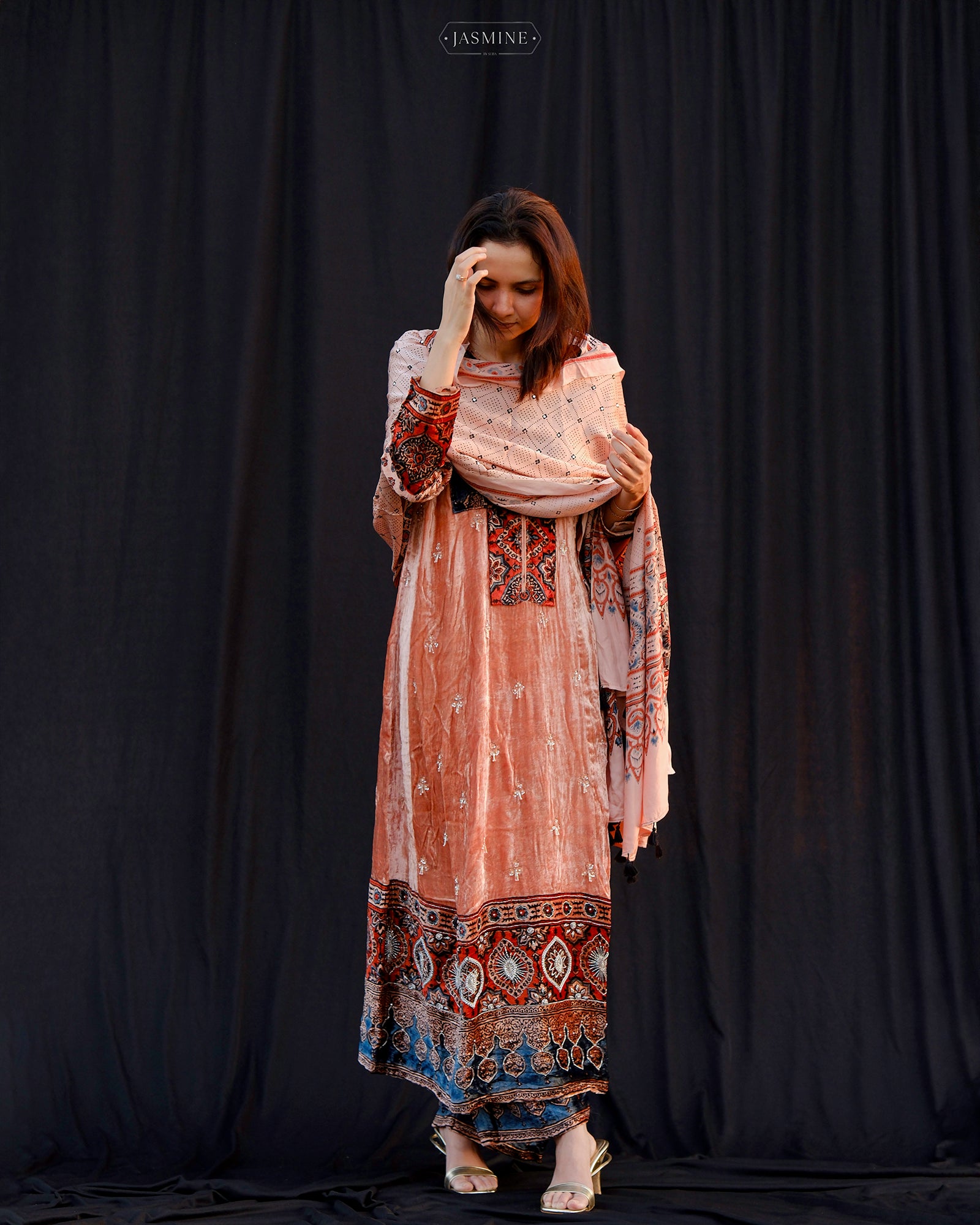 Ajrakh hand block printed velvet silk panel line salwar set with cutbead handwork