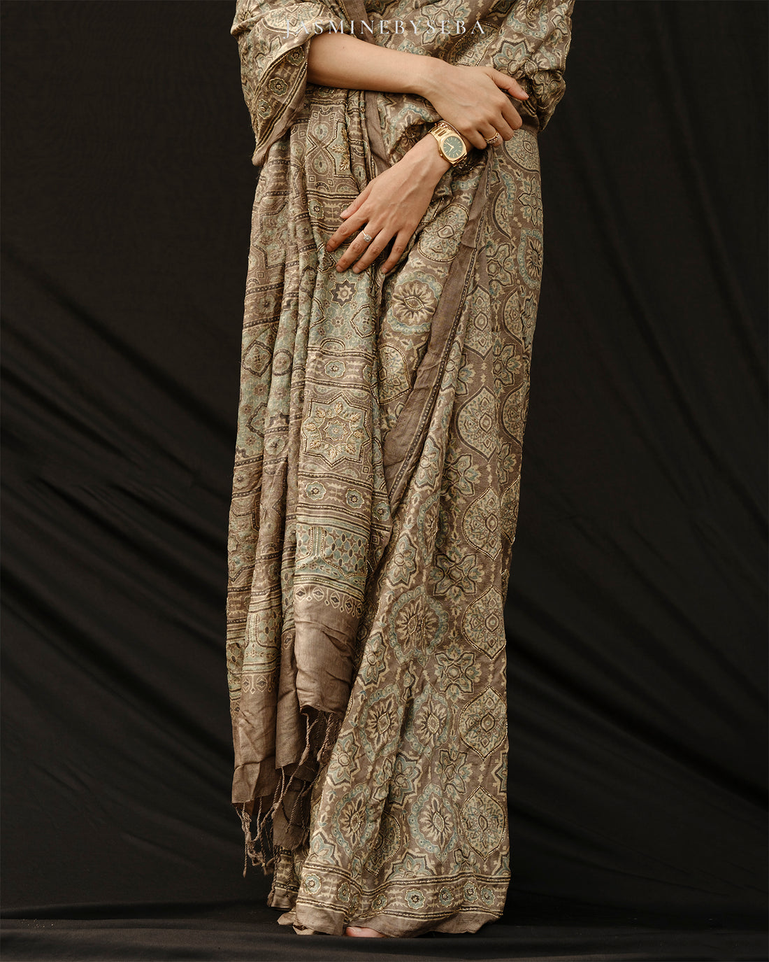 Ajrakh tussar silk hand dyed, hand block printed and handworked saree