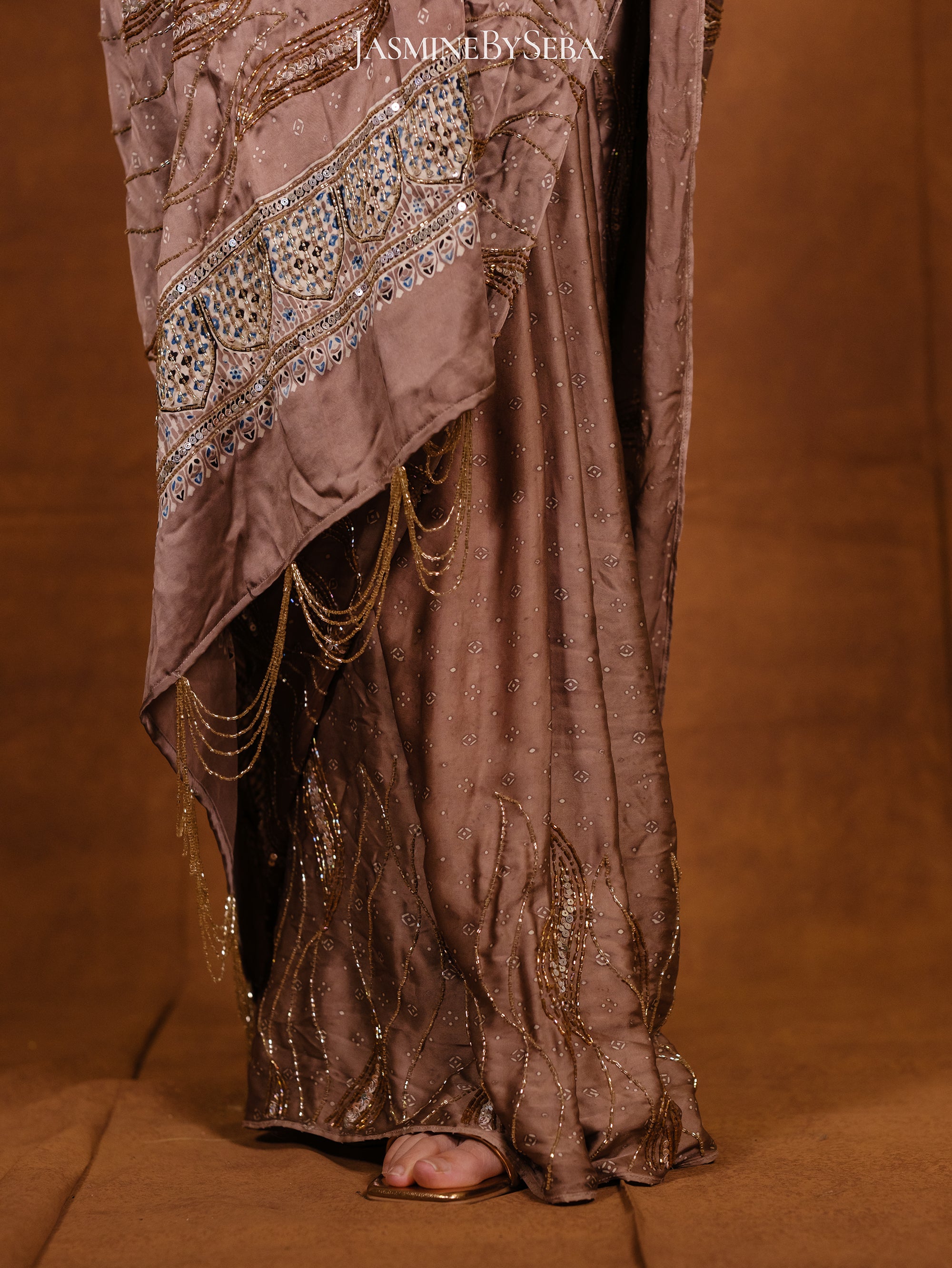 Ajrakh pure modal silk hand dyed, hand block printed and handworked saree