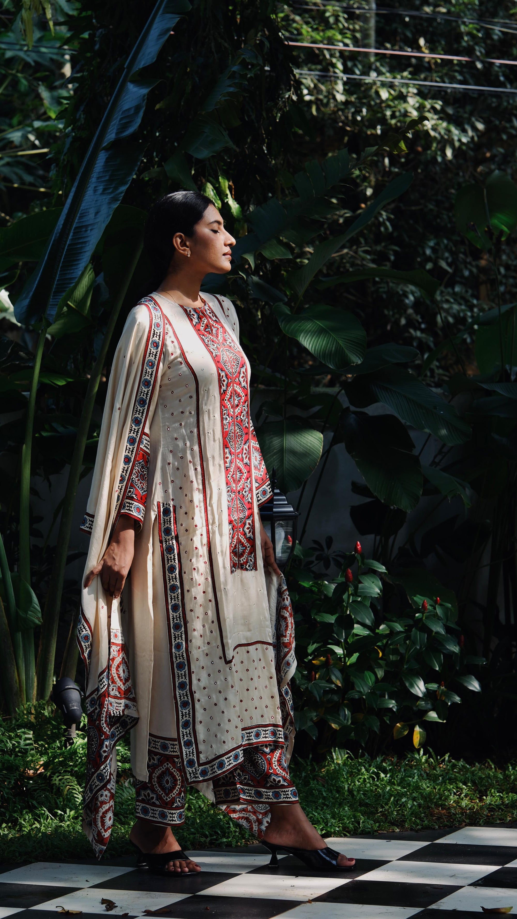 Ajrakh hand block printed modal silk straight cut salwar set with mirror work