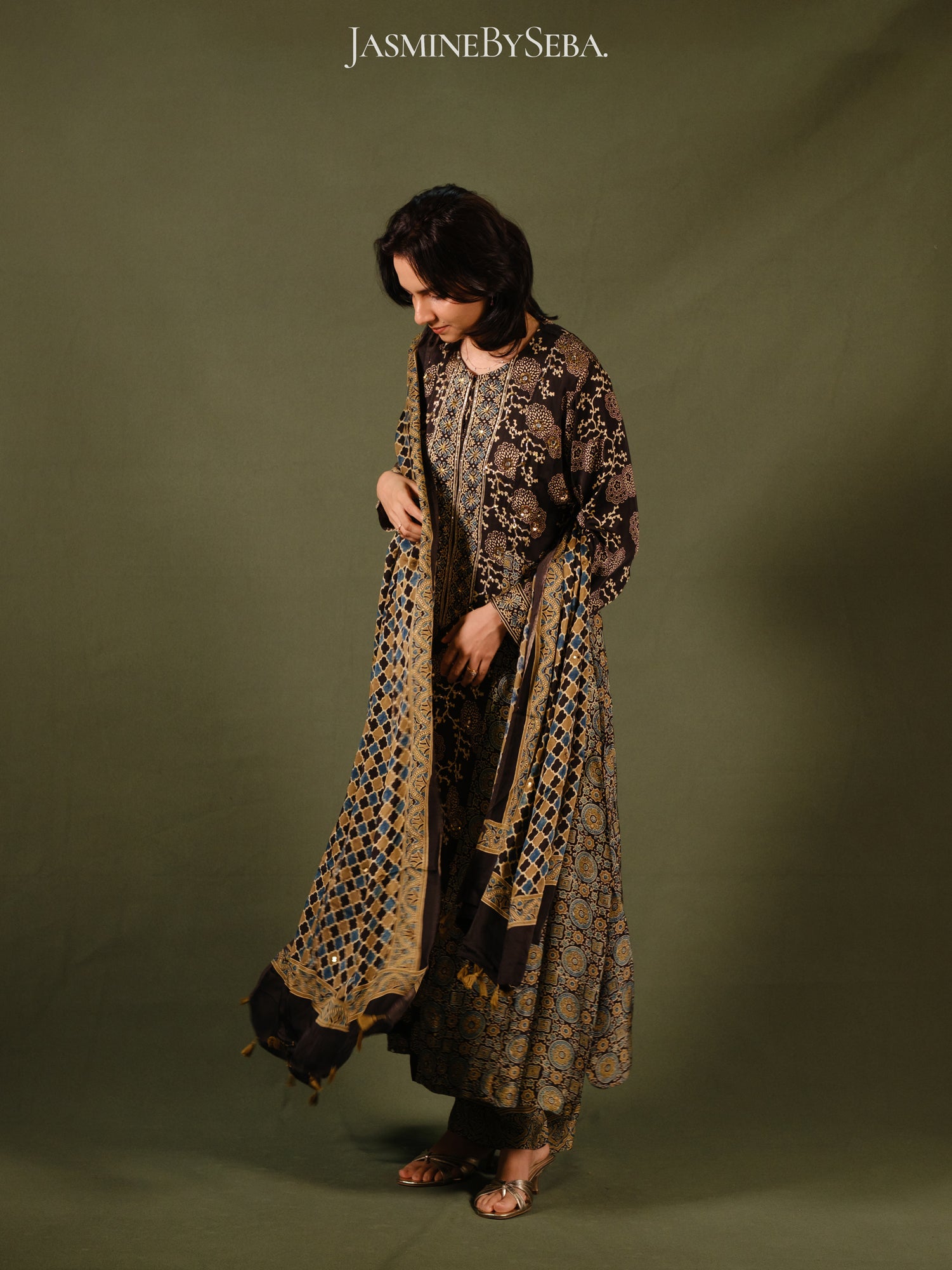 Ajrakh hand dyed hand block printed modal silk panel cut salwar set with cut bead handwork