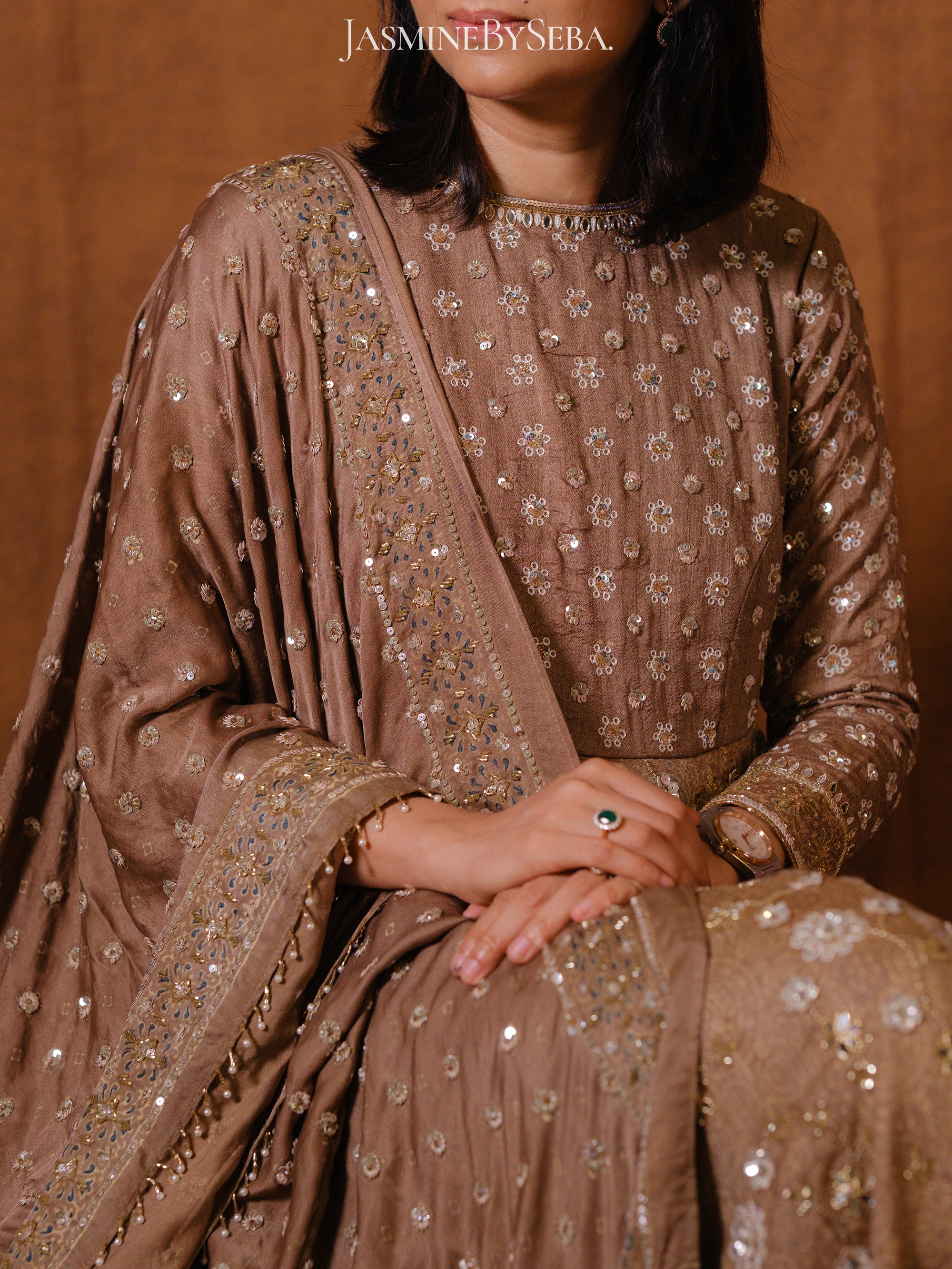 Custom made Ajrakh handcrafted handloom Tusshar silk bridal anarkali set with pure handloom gajji silk dupatta detailed out with hand embroidry