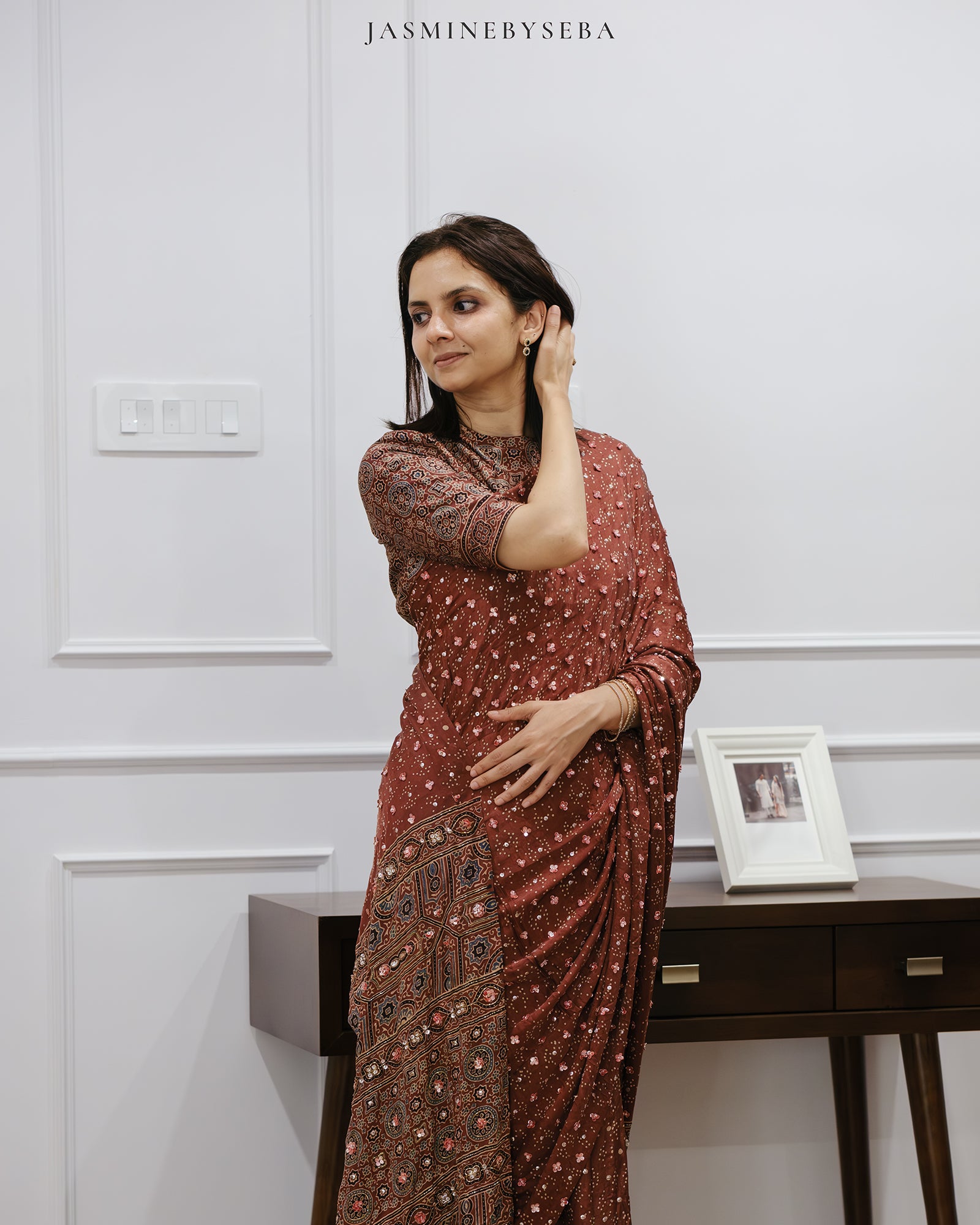 Ajrakh pure handloom gajji silk hand dyed, hand block printed and handworked saree