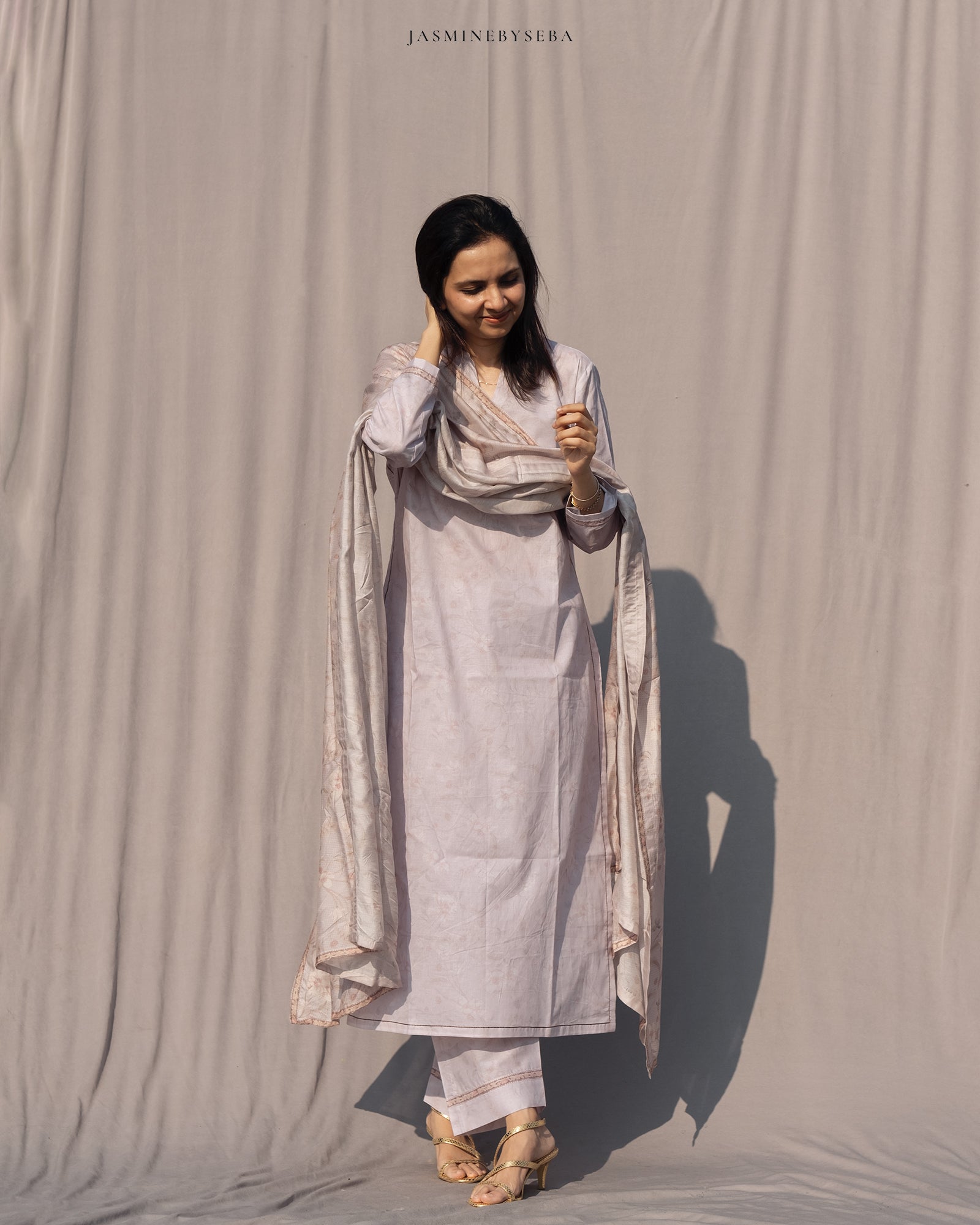 Jasmine in-house printed straight cut set in cotton lawn with modal silk dupatta
