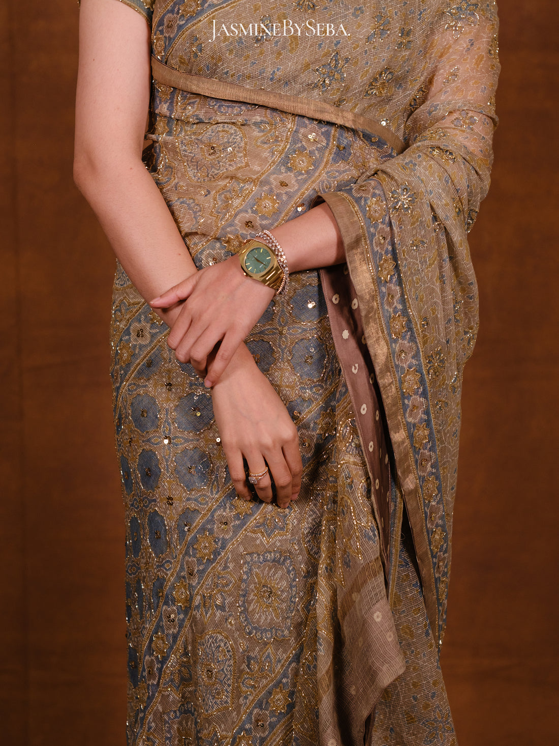 Ajrakh pure kota doria hand dyed, hand block printed and handworked saree