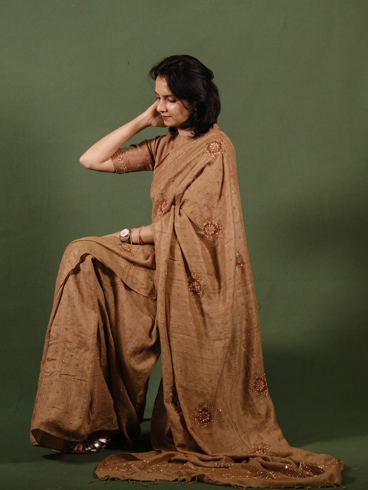 Ajrakh pure handloom tussar silk hand dyed, hand block printed and handworked saree