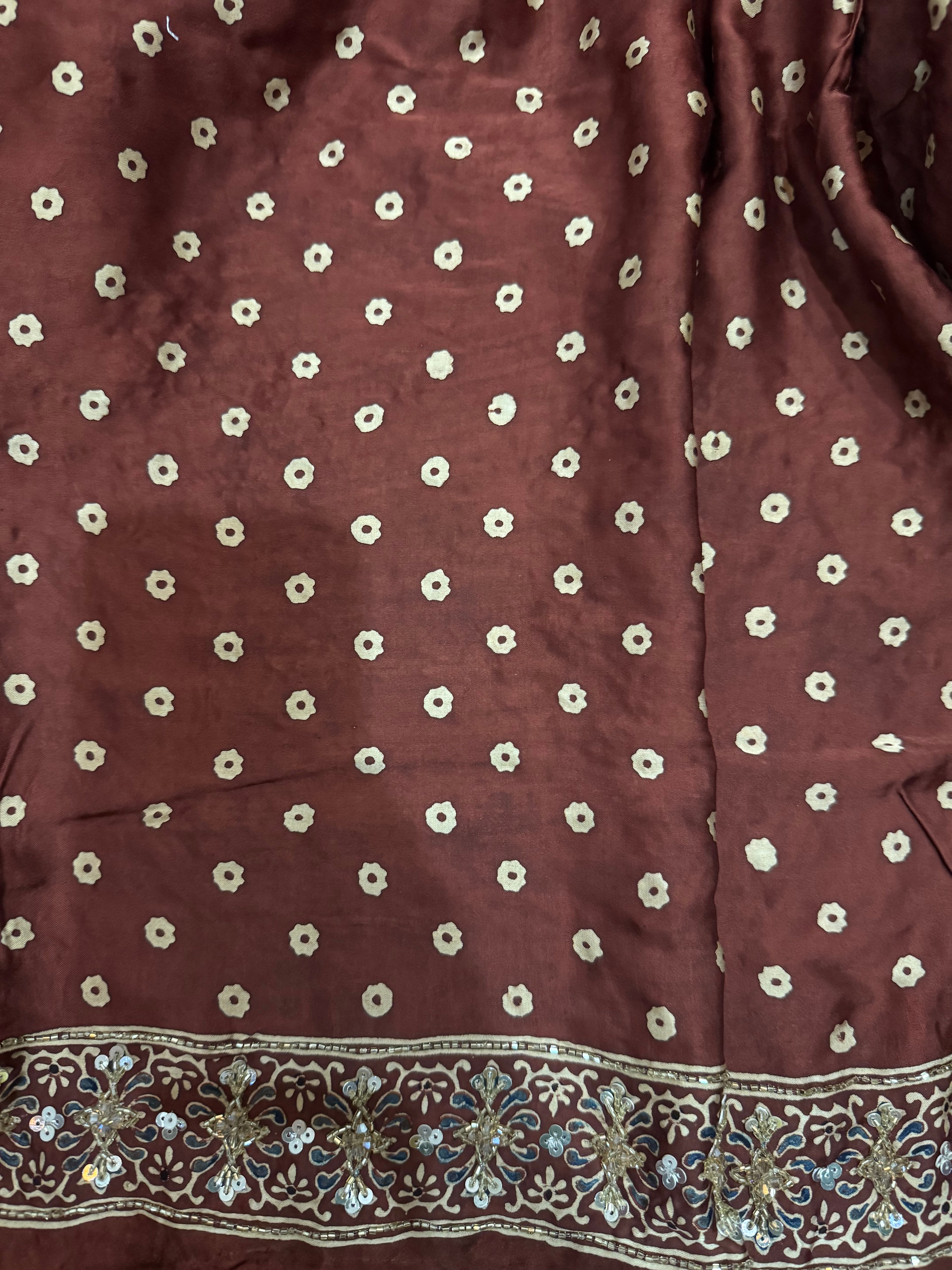 Ajrakh pure modal silk hand dyed, hand block printed and handworked saree