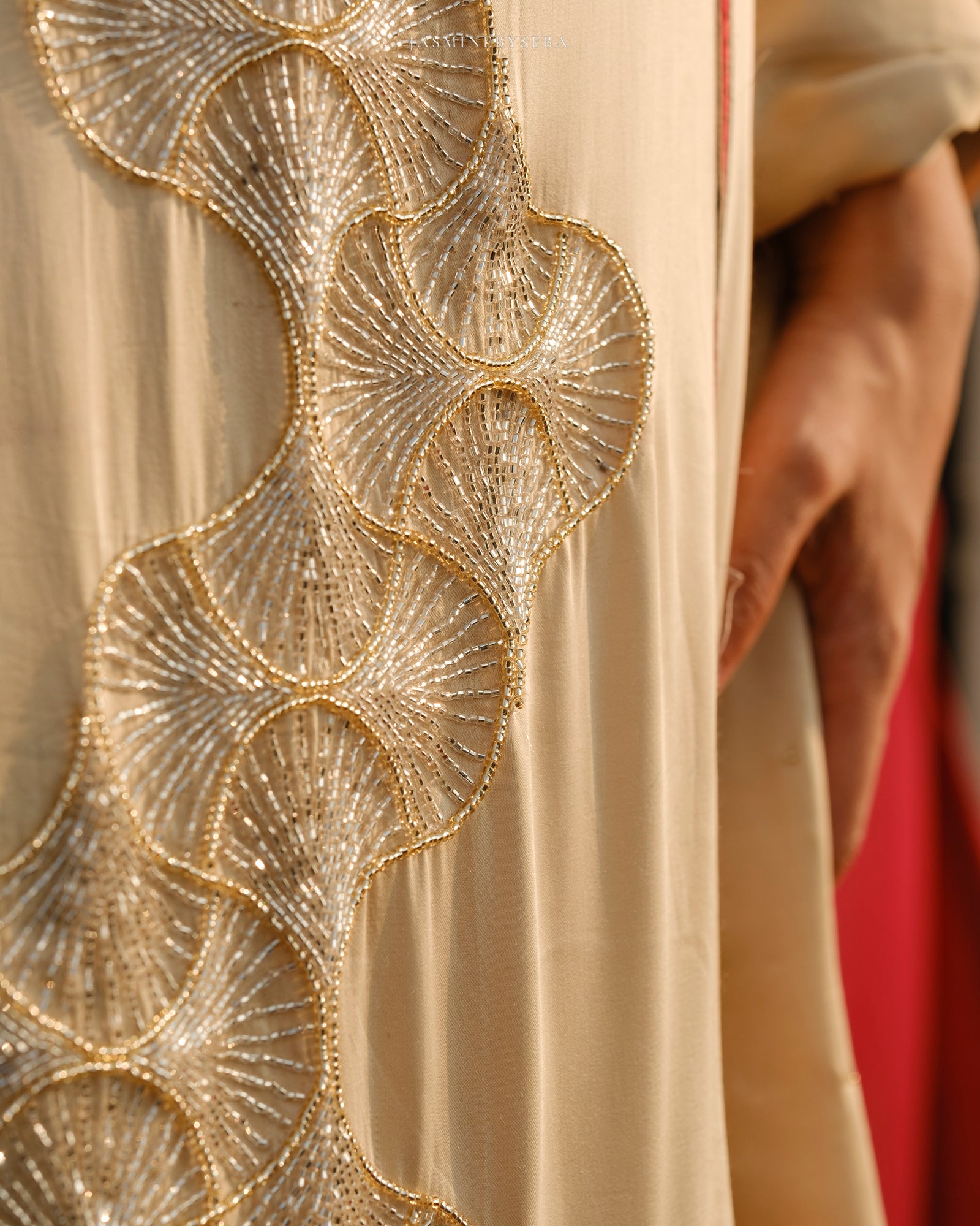 Ajrakh hand block printed modal silk straight cut salwar set with cutbead handwork