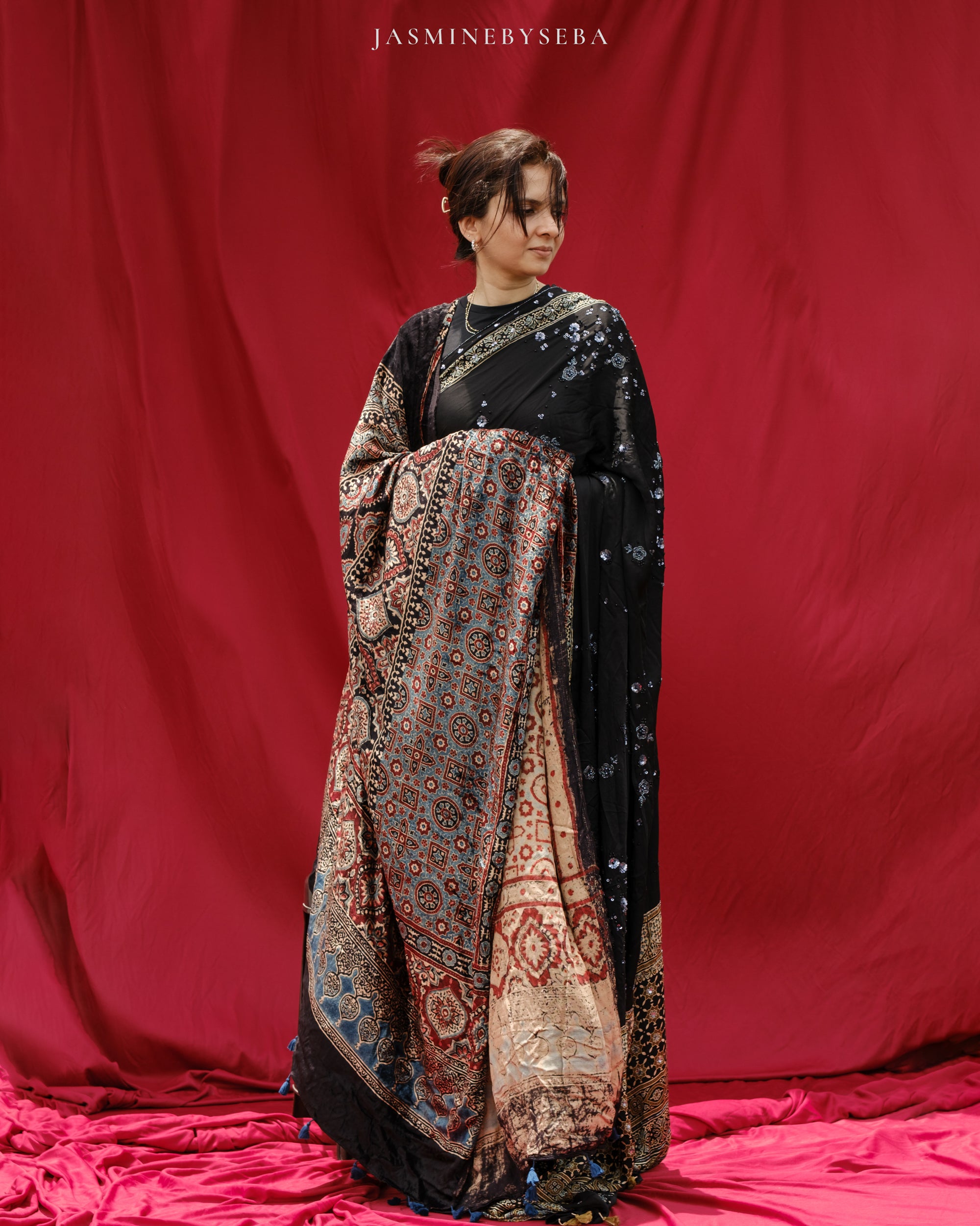 Ajrakh pure modal silk hand dyed, hand block printed and handworked saree