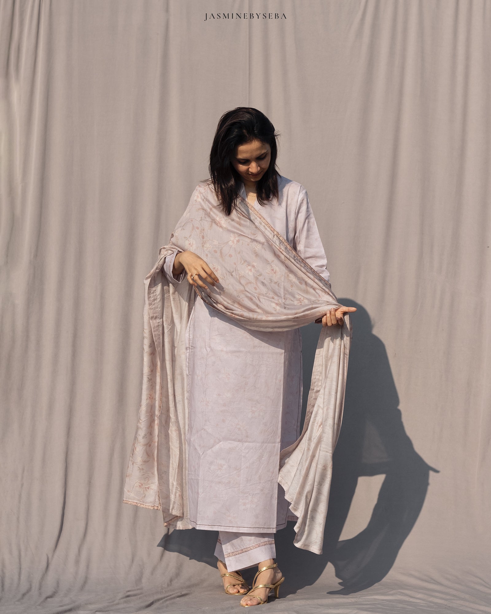 Jasmine in-house printed straight cut set in cotton lawn with modal silk dupatta