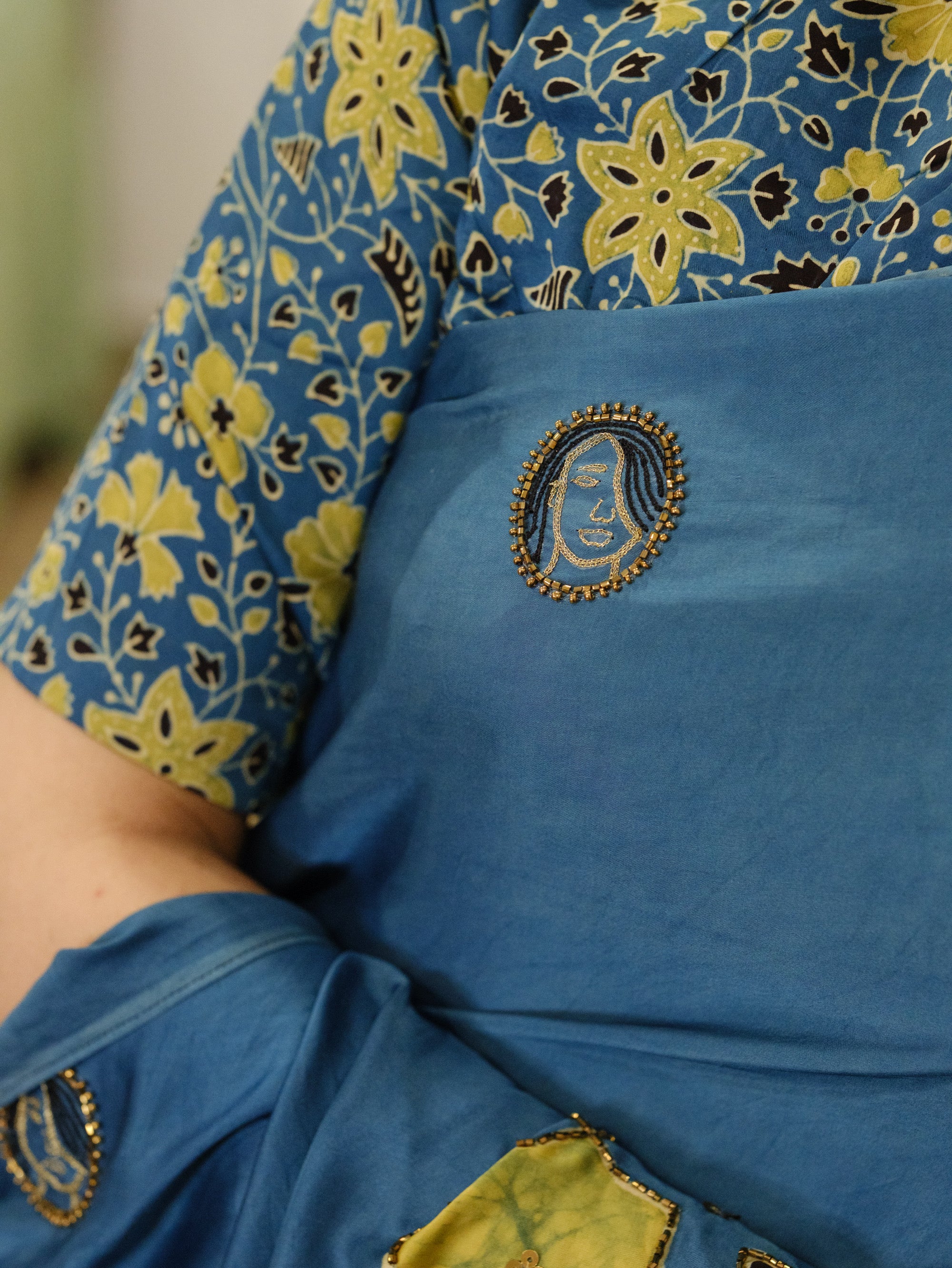 Ajrakh pure modal silk hand dyed, hand block printed and handworked saree