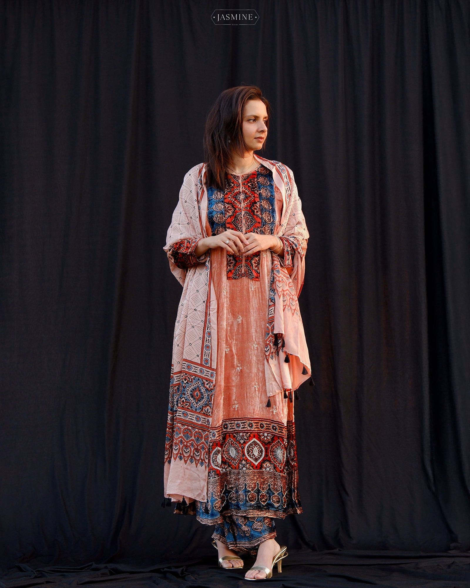 Ajrakh hand block printed velvet silk panel line salwar set with cutbead handwork