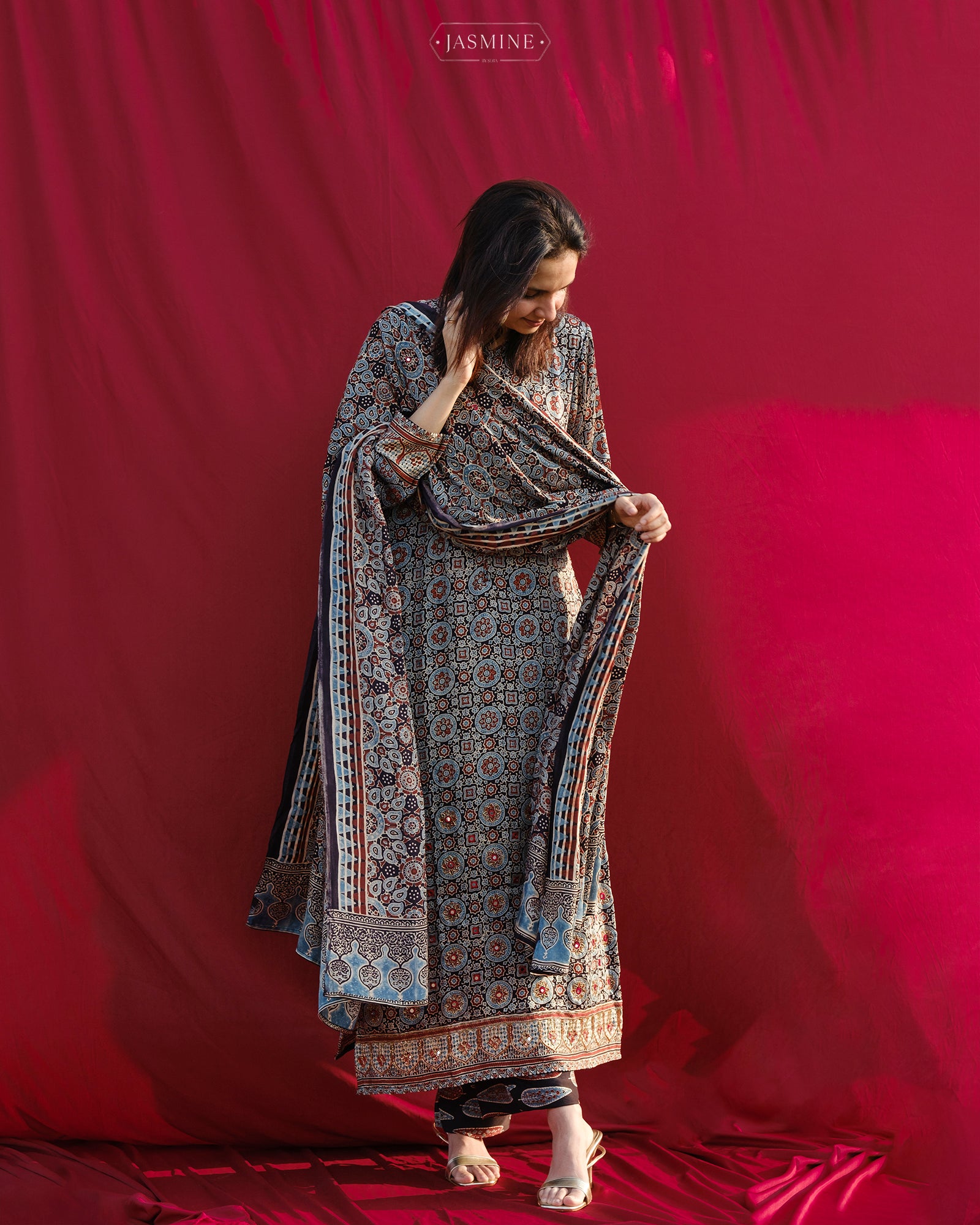 Ajrakh hand block printed modal silk straight cut salwar set with cutbead handwork