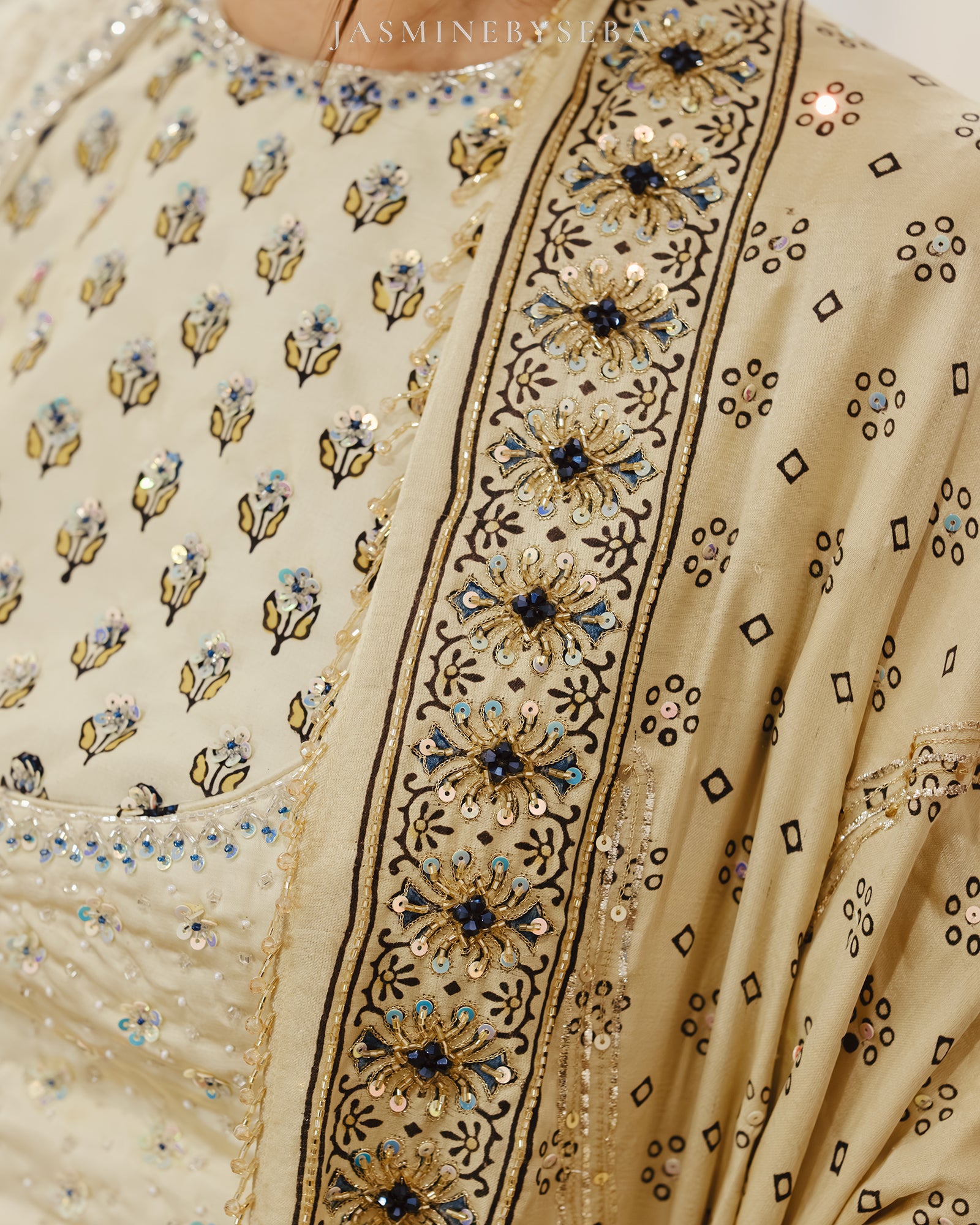 Custom made Ajrakh hand dyed hand block printed modal silk bridal lehenga set with pure handloom gajji silk dupatta detailed out with hand embroidry