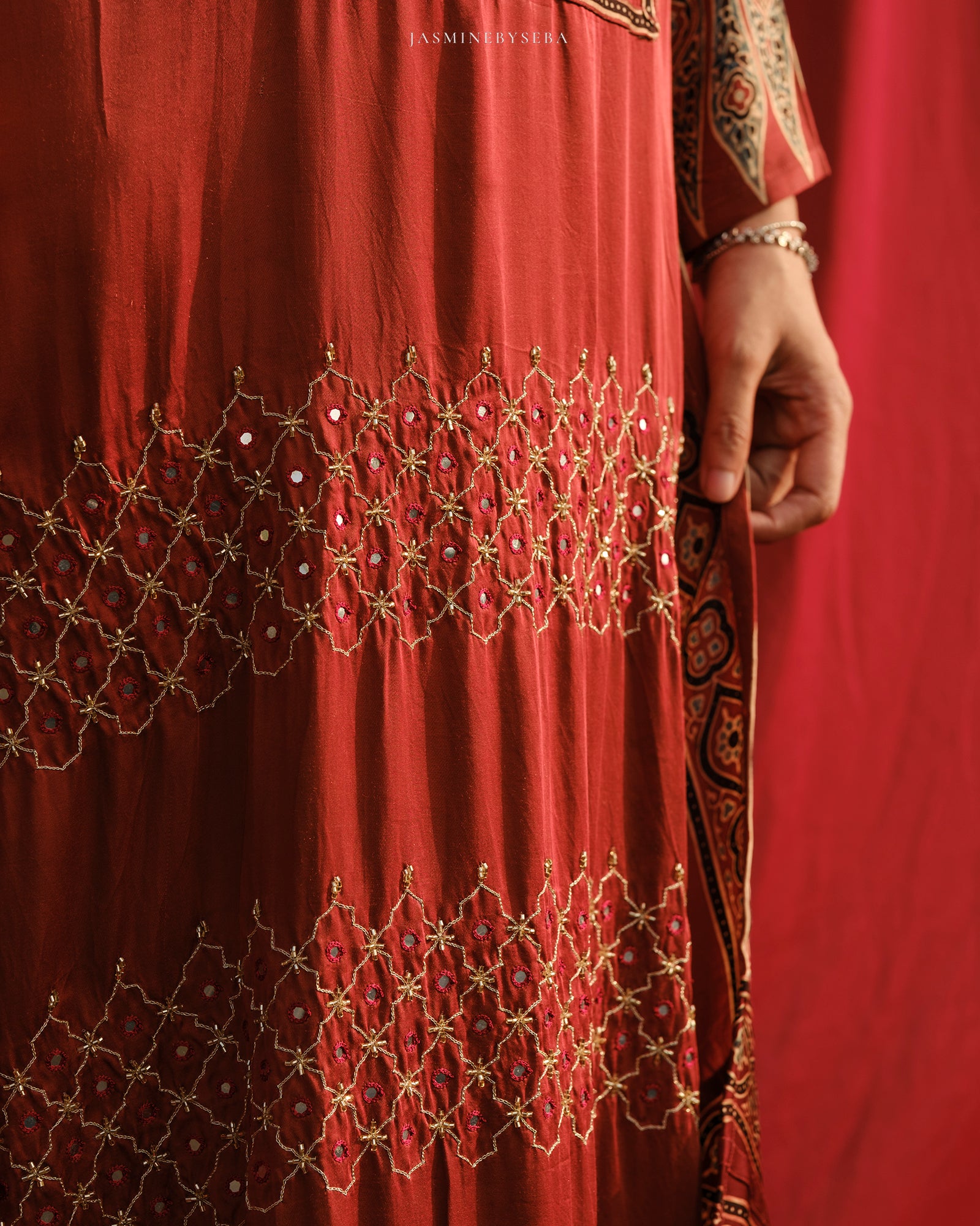 Ajrakh hand block printed modal silk straight cut salwar set with cutbead handwork