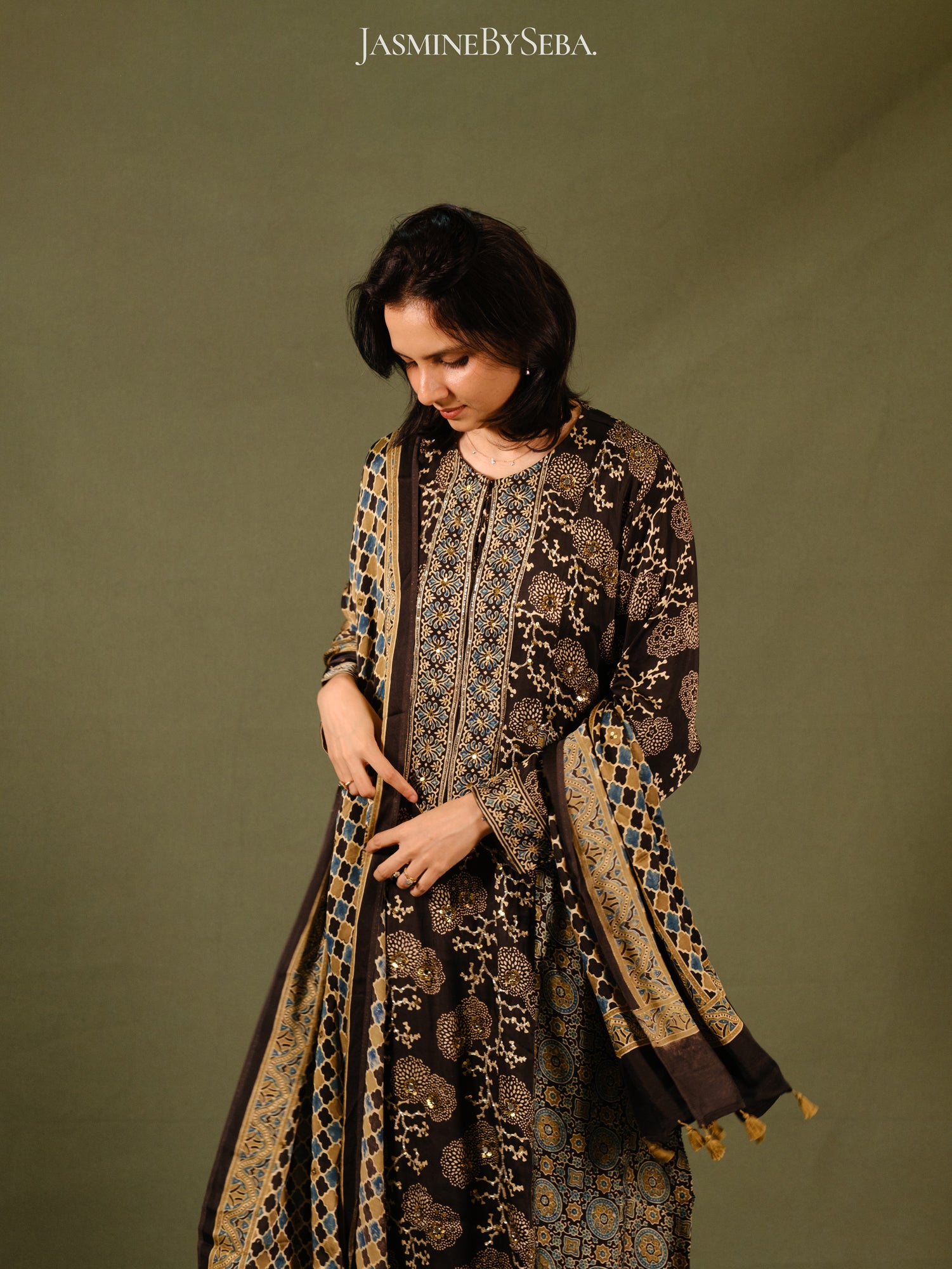 Ajrakh hand dyed hand block printed modal silk panel cut salwar set with cut bead handwork