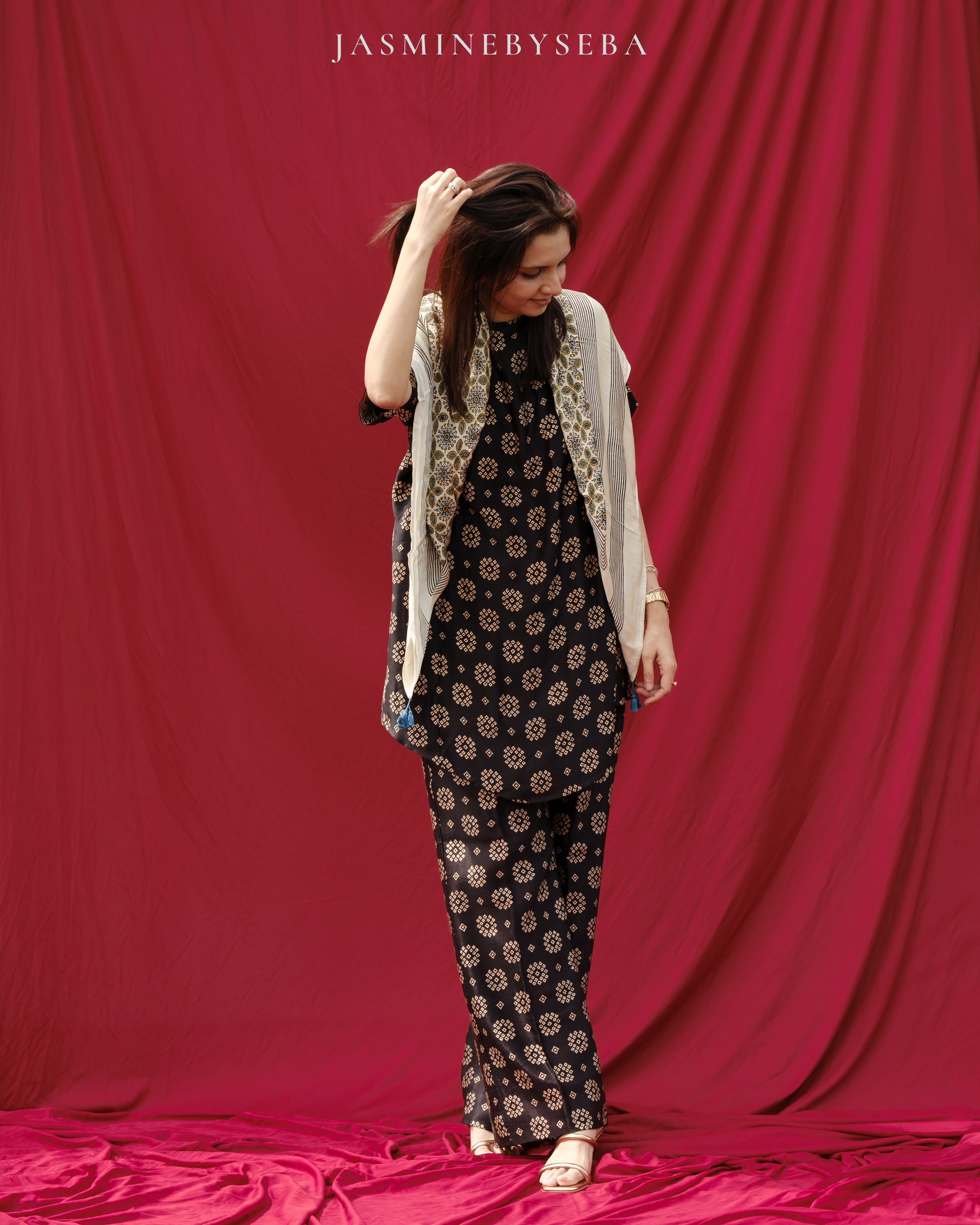 AJRAKH hand dyed hand block printed pure modal silk long scarf
