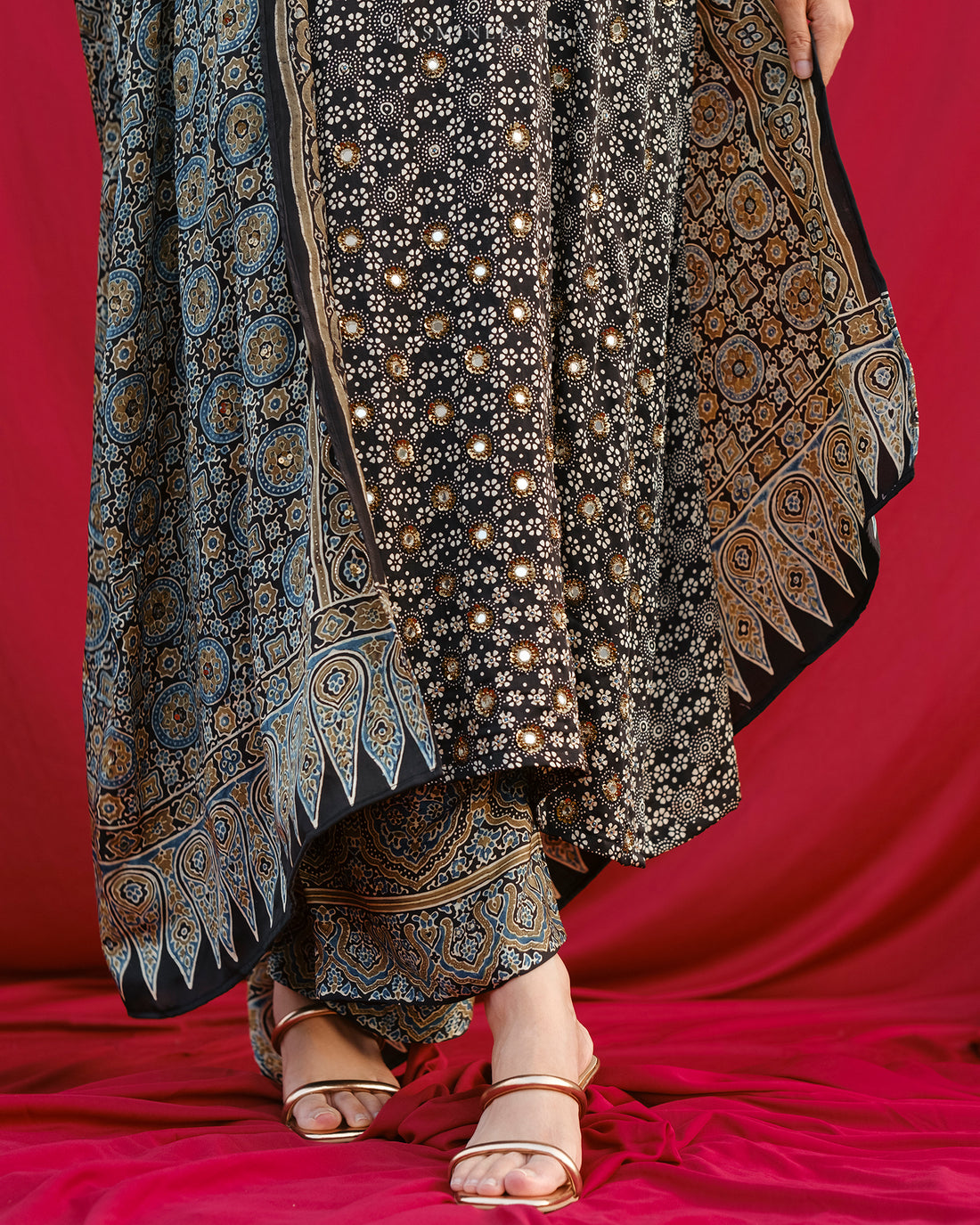 Ajrakh hand dyed hand block printed modal silk straight cut salwar set with cutbead handwork