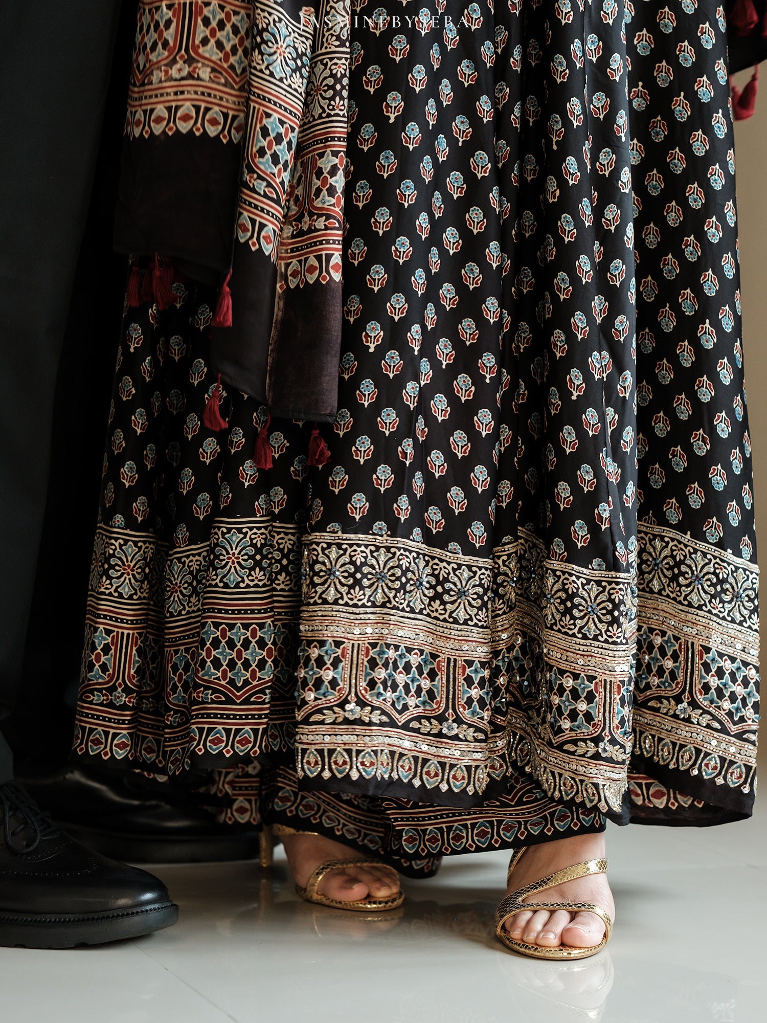 Custom made Ajrakh hand dyed hand block printed modal silk anarakali set with hand embroidry