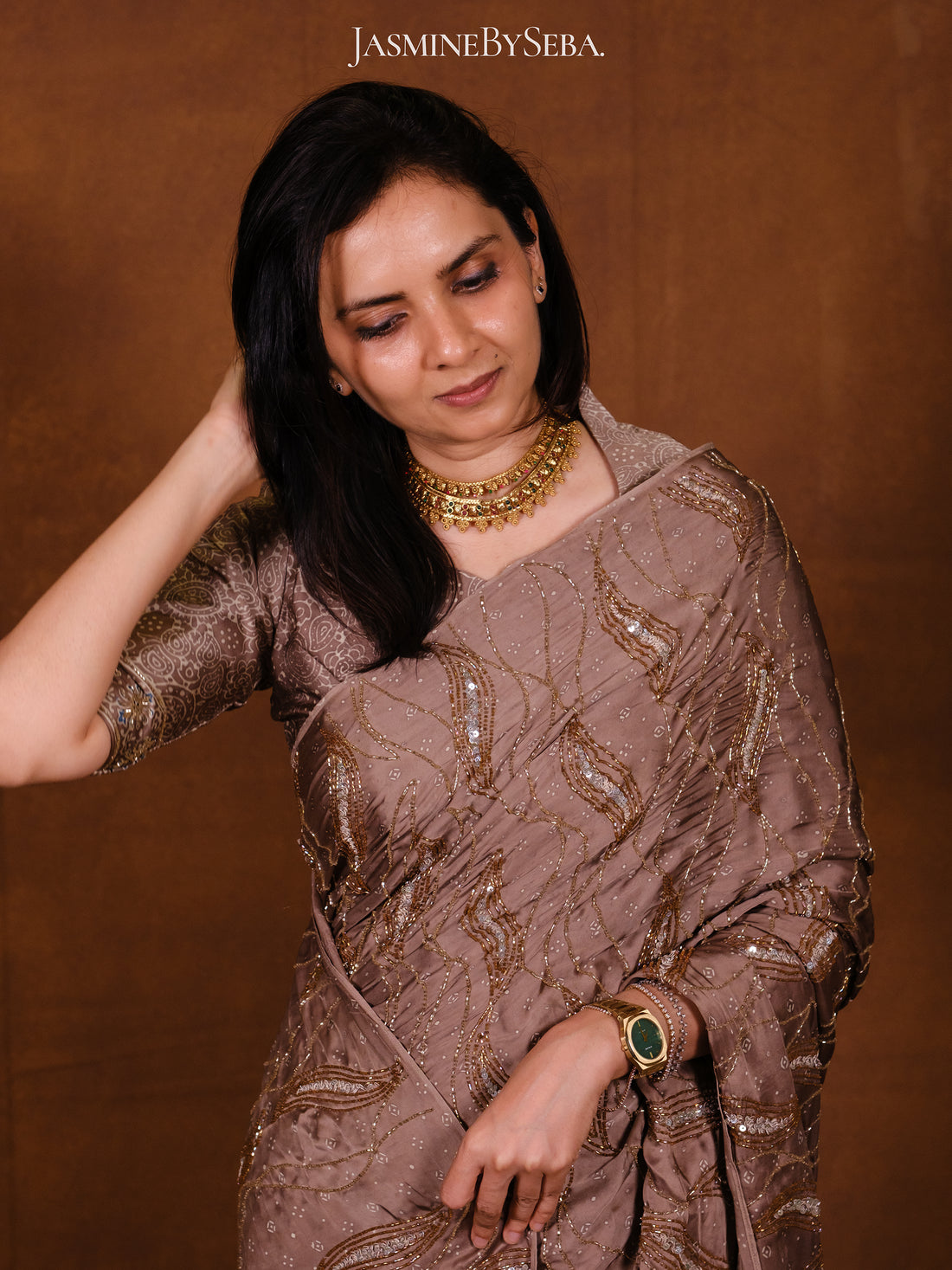 Ajrakh pure modal silk hand dyed, hand block printed and handworked saree