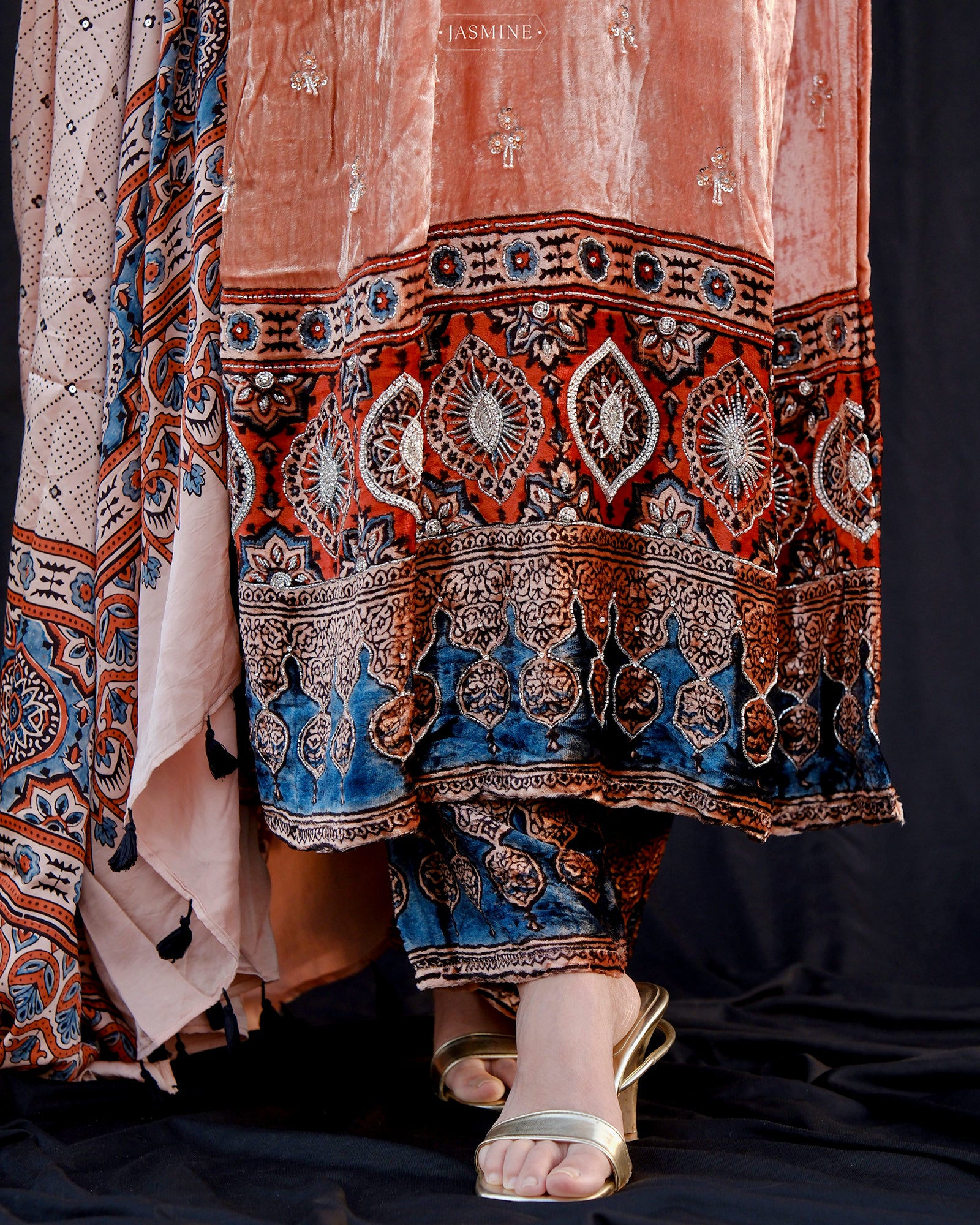Ajrakh hand block printed velvet silk panel line salwar set with cutbead handwork