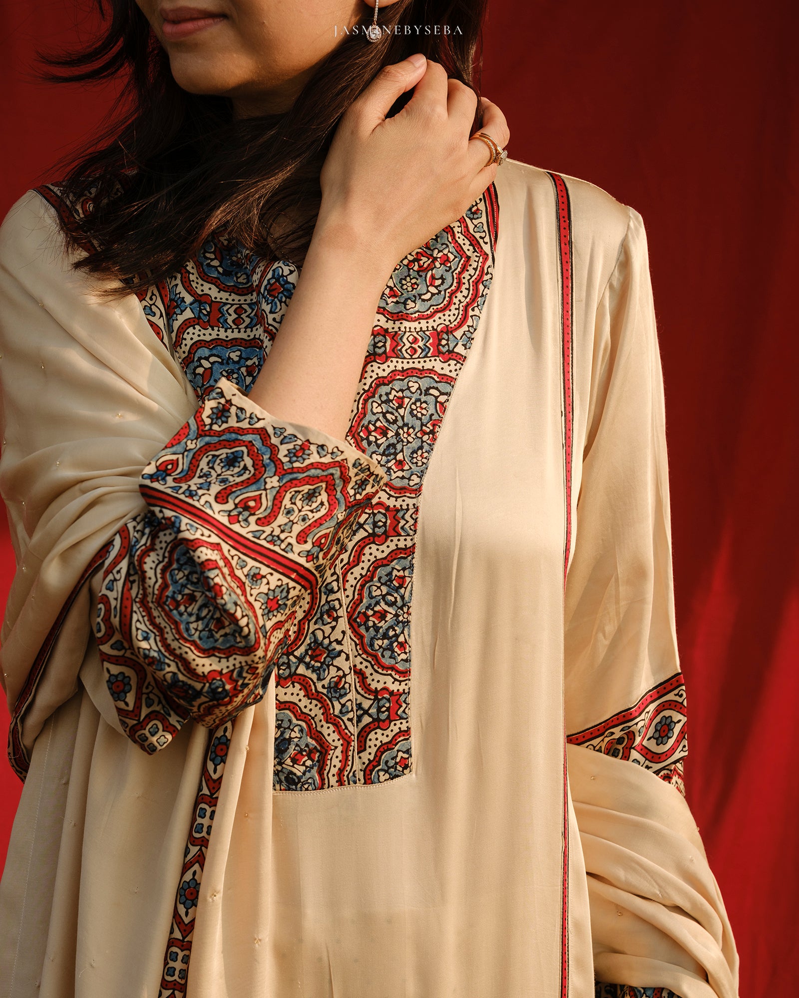 Ajrakh hand block printed modal silk straight cut salwar set with cutbead handwork