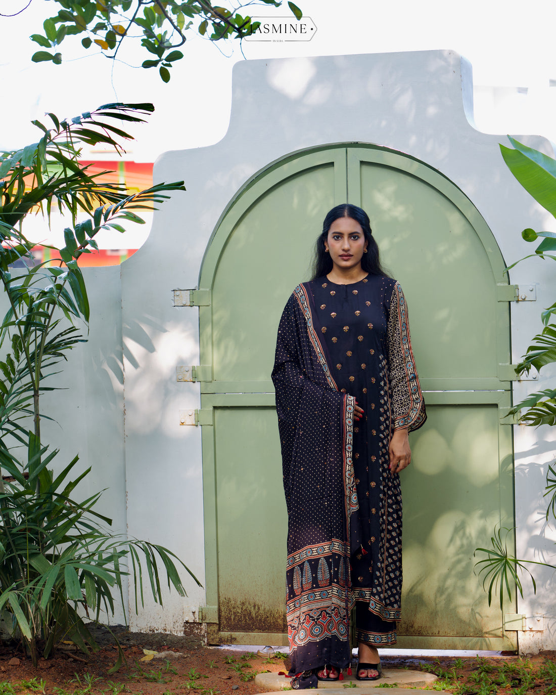 Ajrakh hand block printed modal silk A line salwar set with zardosi handwork