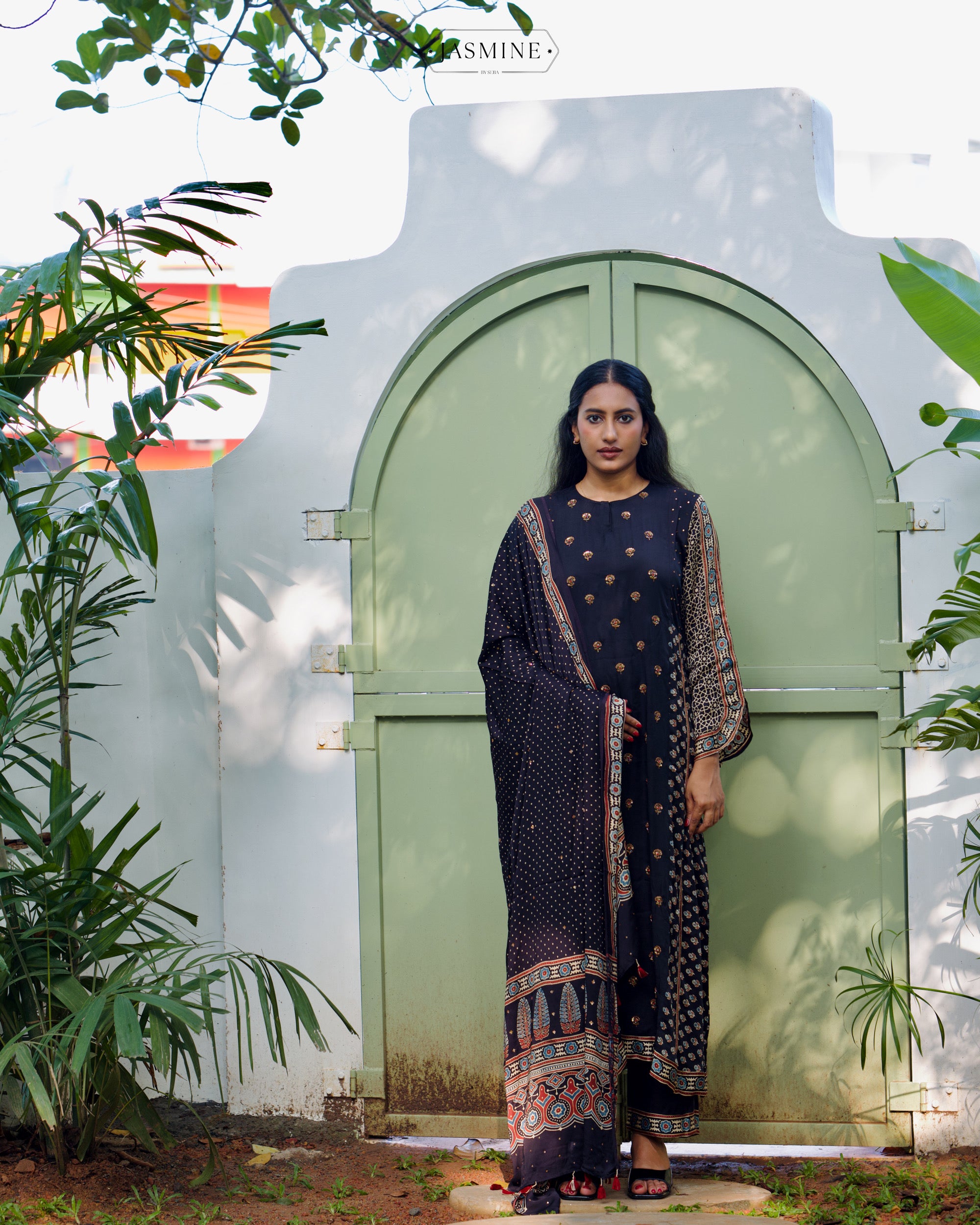 Ajrakh hand block printed modal silk A line salwar set with zardosi handwork