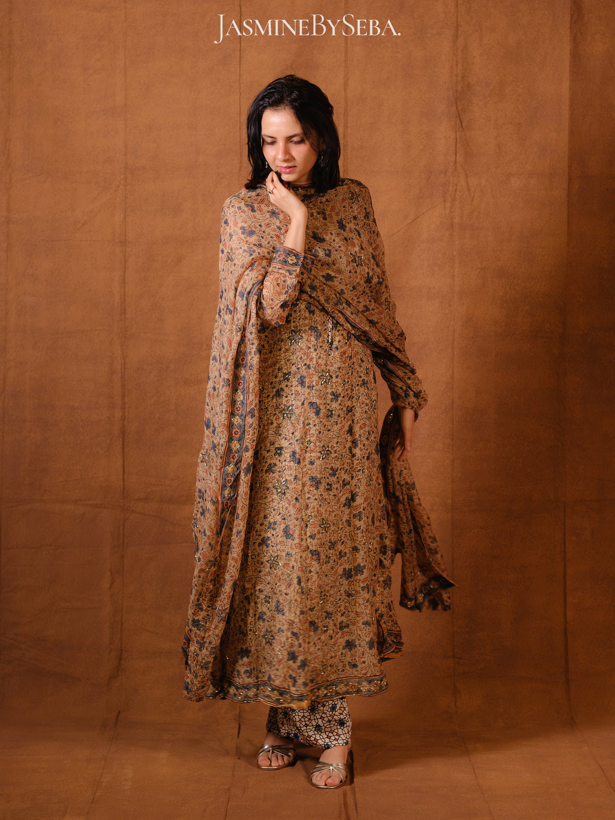 Ajrakh hand dyed hand block printed kota silk jacket set with cut bead handwork