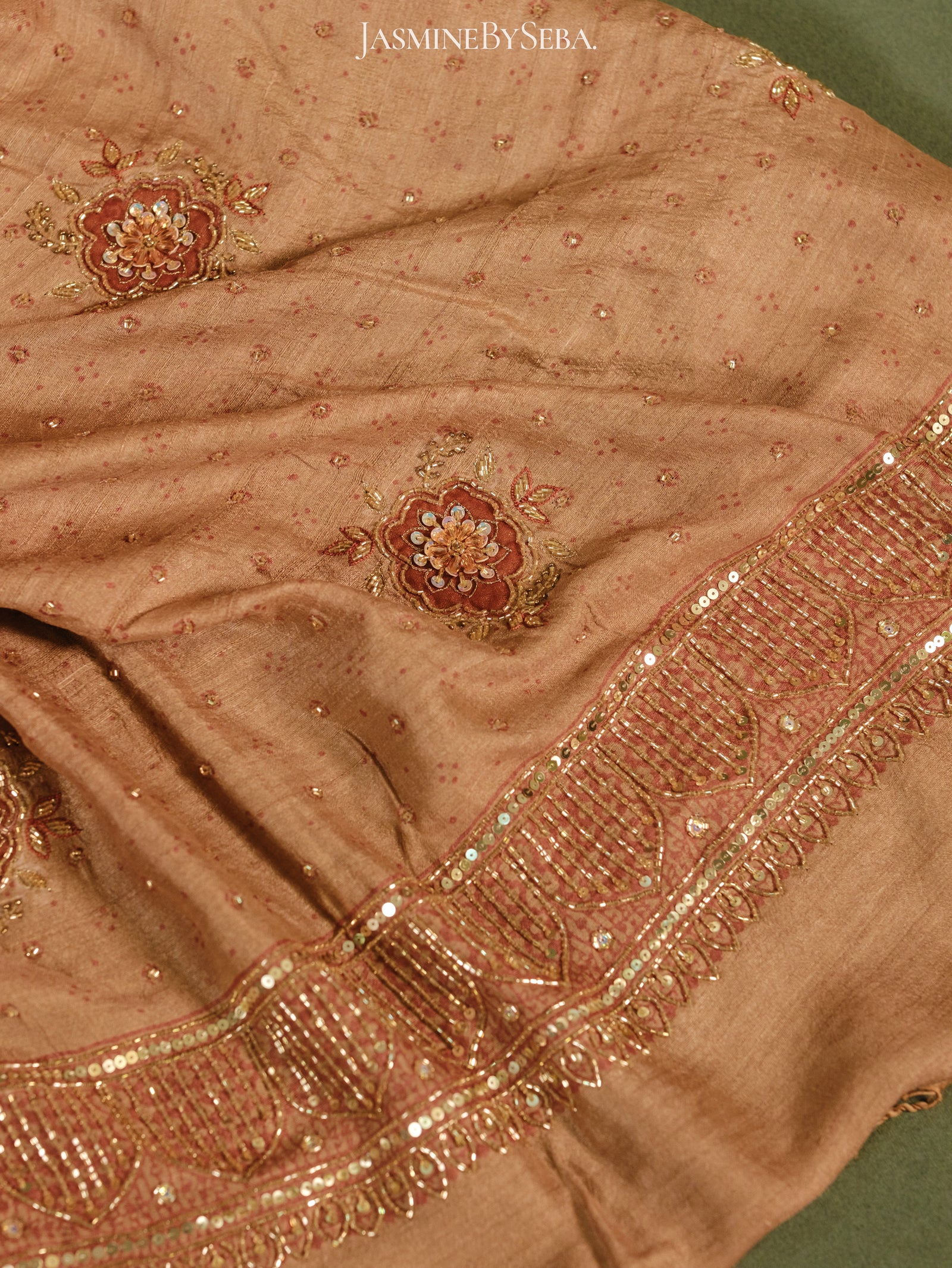 Ajrakh pure handloom tussar silk hand dyed, hand block printed and handworked saree